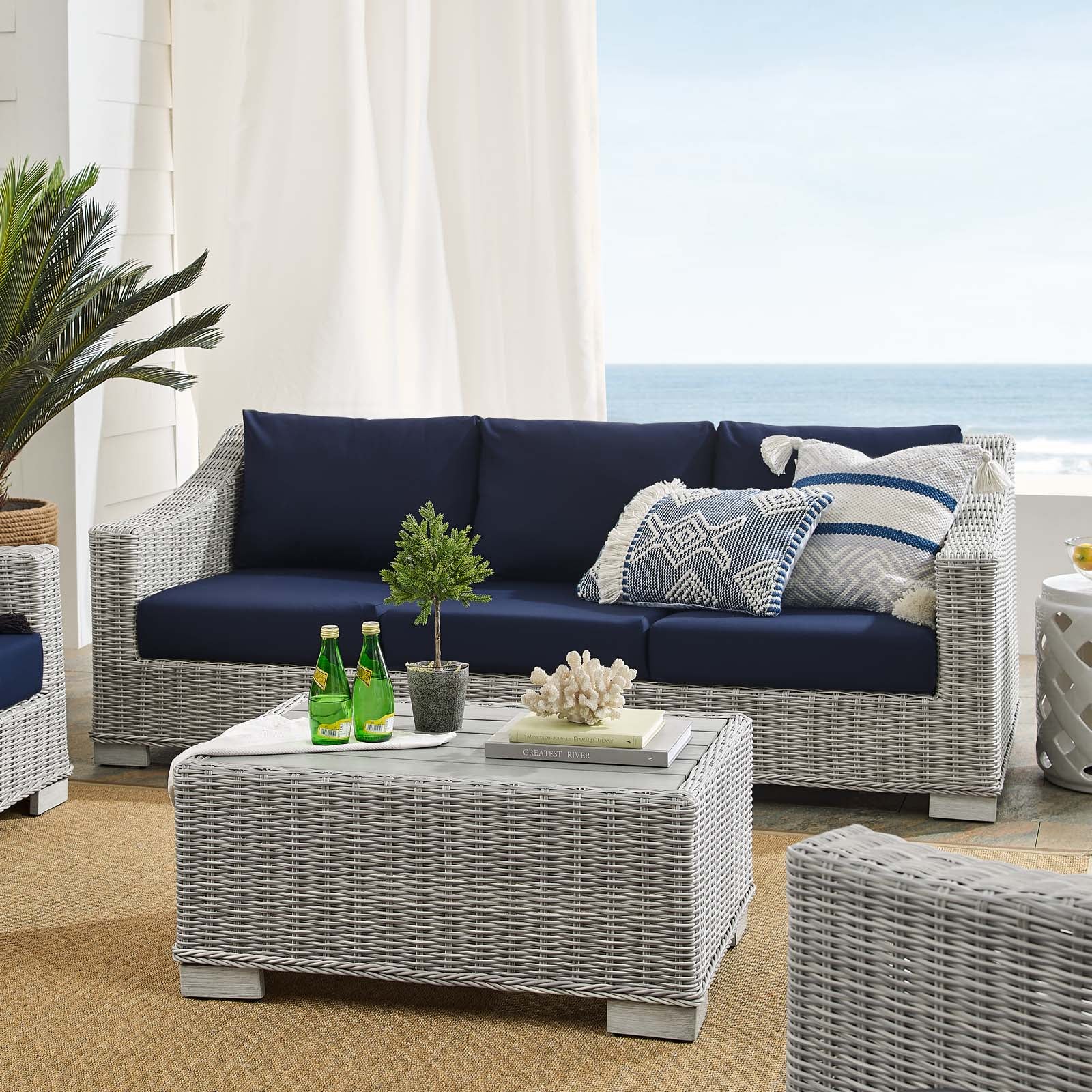 Modway Outdoor Conversation Sets - Conway Sunbrella Outdoor Patio Rattan 4-Piece Furniture Set Light Gray Navy