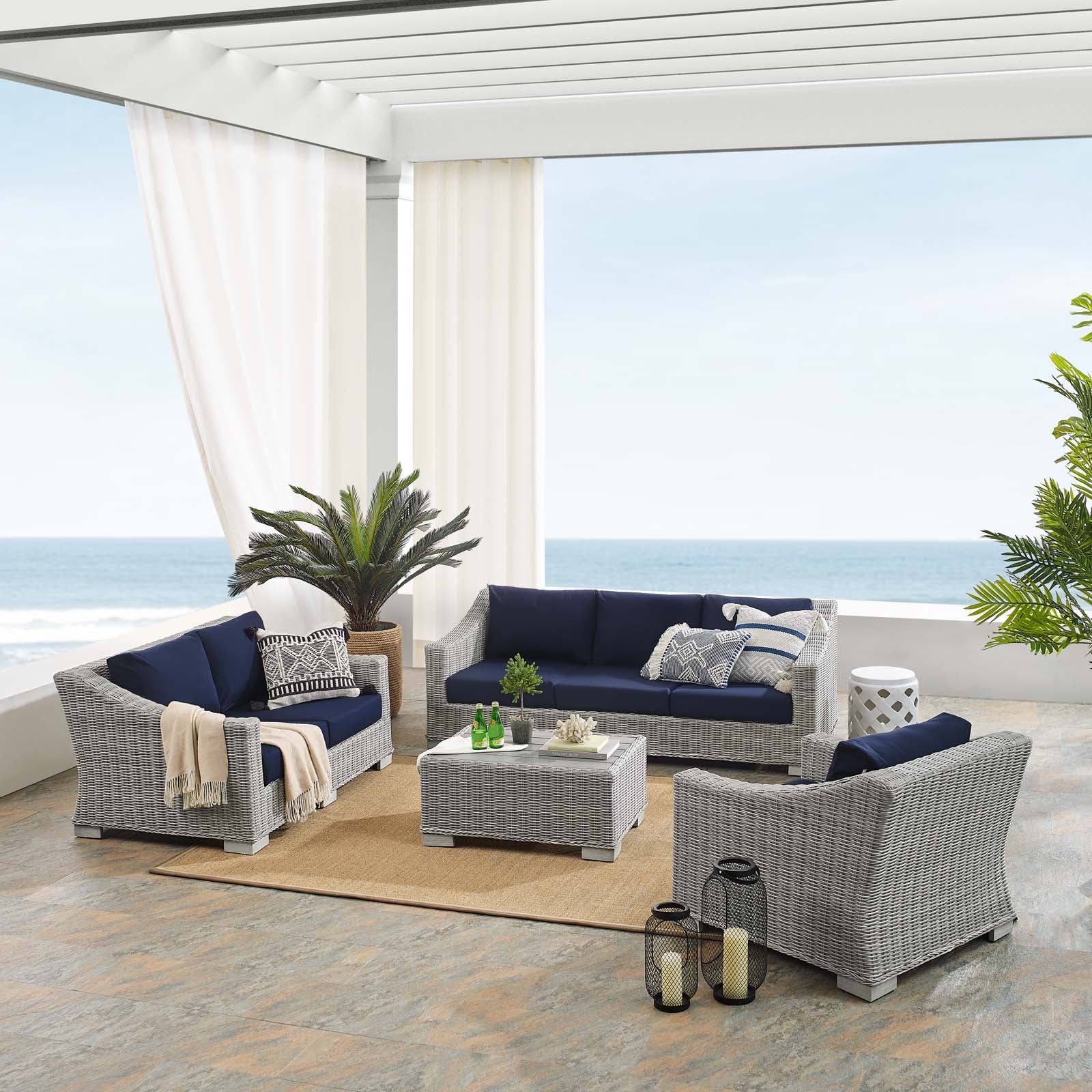 Modway Outdoor Conversation Sets - Conway Sunbrella Outdoor Patio Rattan 4-Piece Furniture Set Light Gray Navy