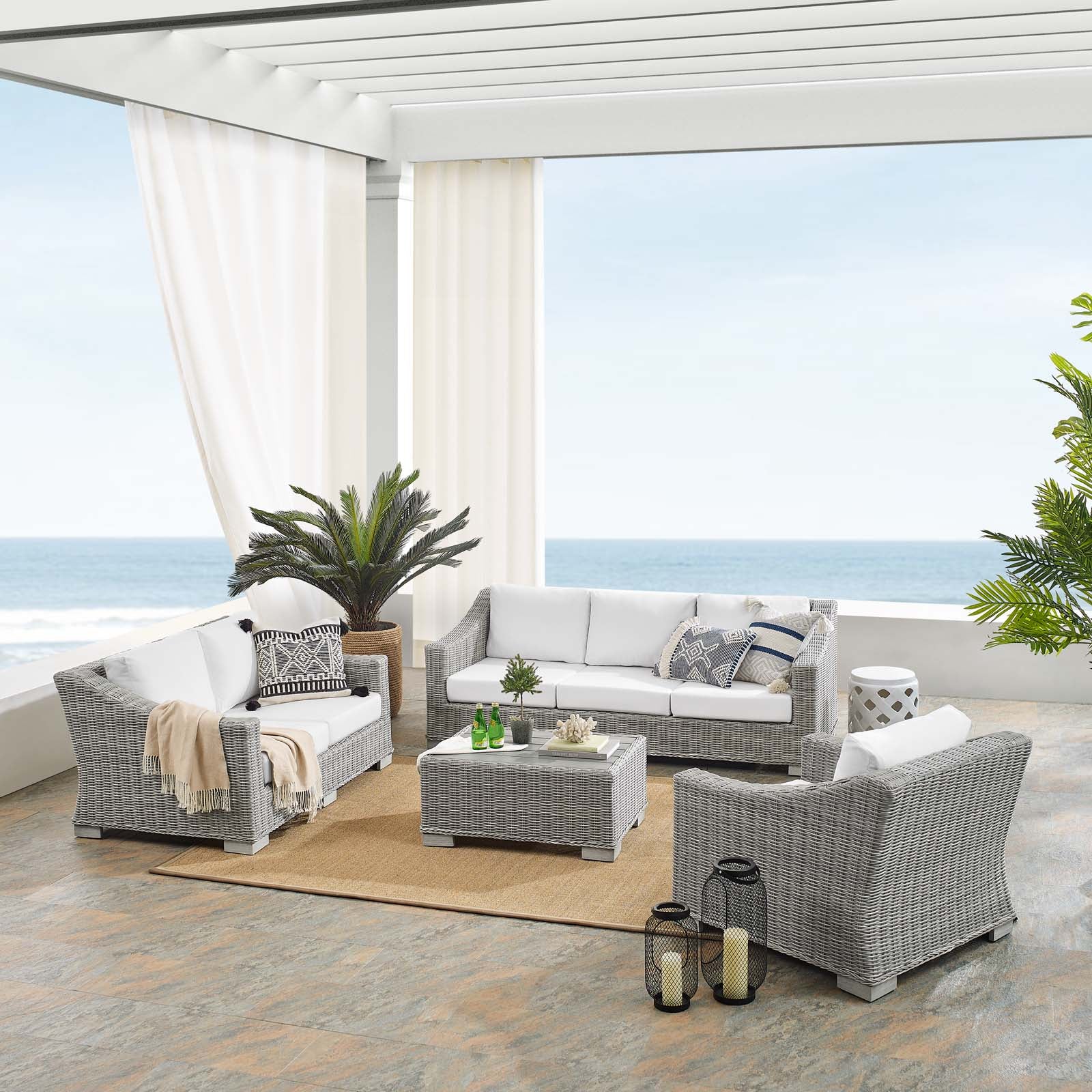 Modway Outdoor Conversation Sets - Conway Sunbrella Outdoor Patio Wicker 4-Piece Furniture Set Light Gray White