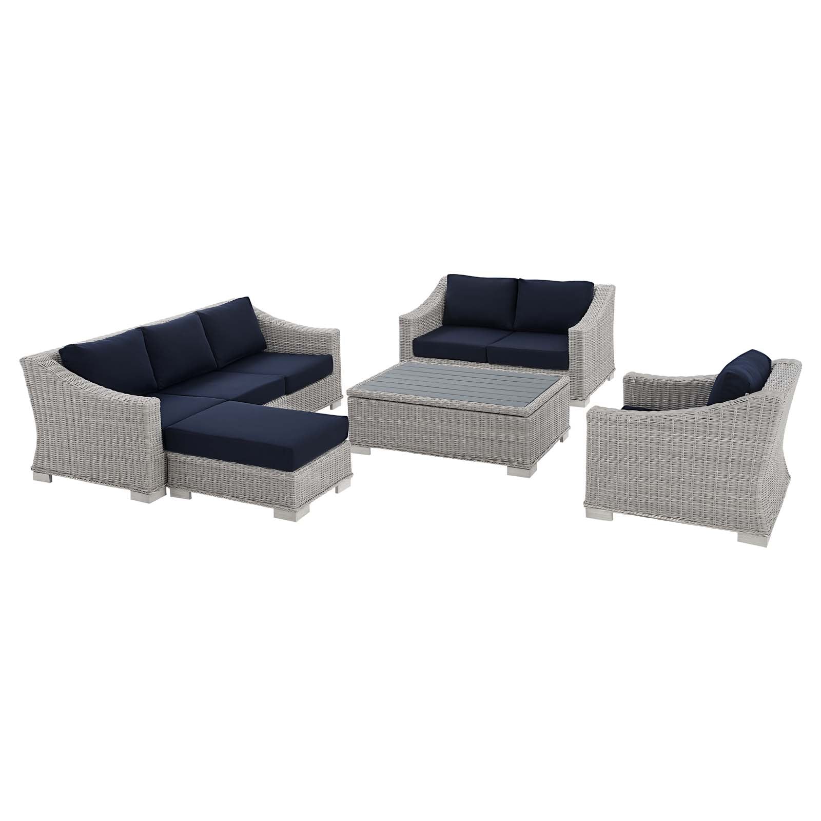 Modway Outdoor Sofas - Conway-Sunbrella¨-Outdoor-Patio-Wicker-Rattan-5-Piece-Furniture-Set-Light-Gray-Navy