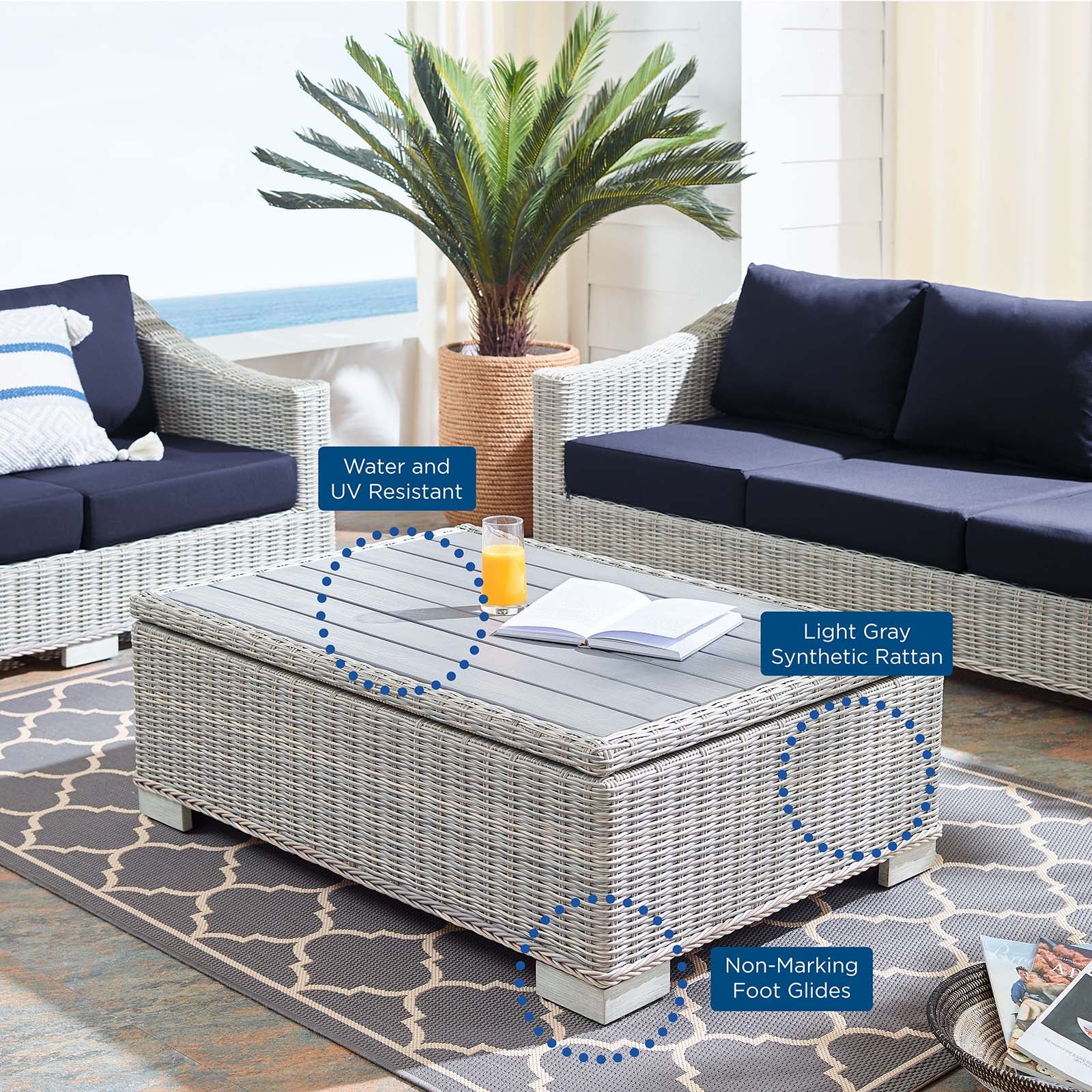 Modway Outdoor Sofas - Conway-Sunbrella¨-Outdoor-Patio-Wicker-Rattan-5-Piece-Furniture-Set-Light-Gray-Navy