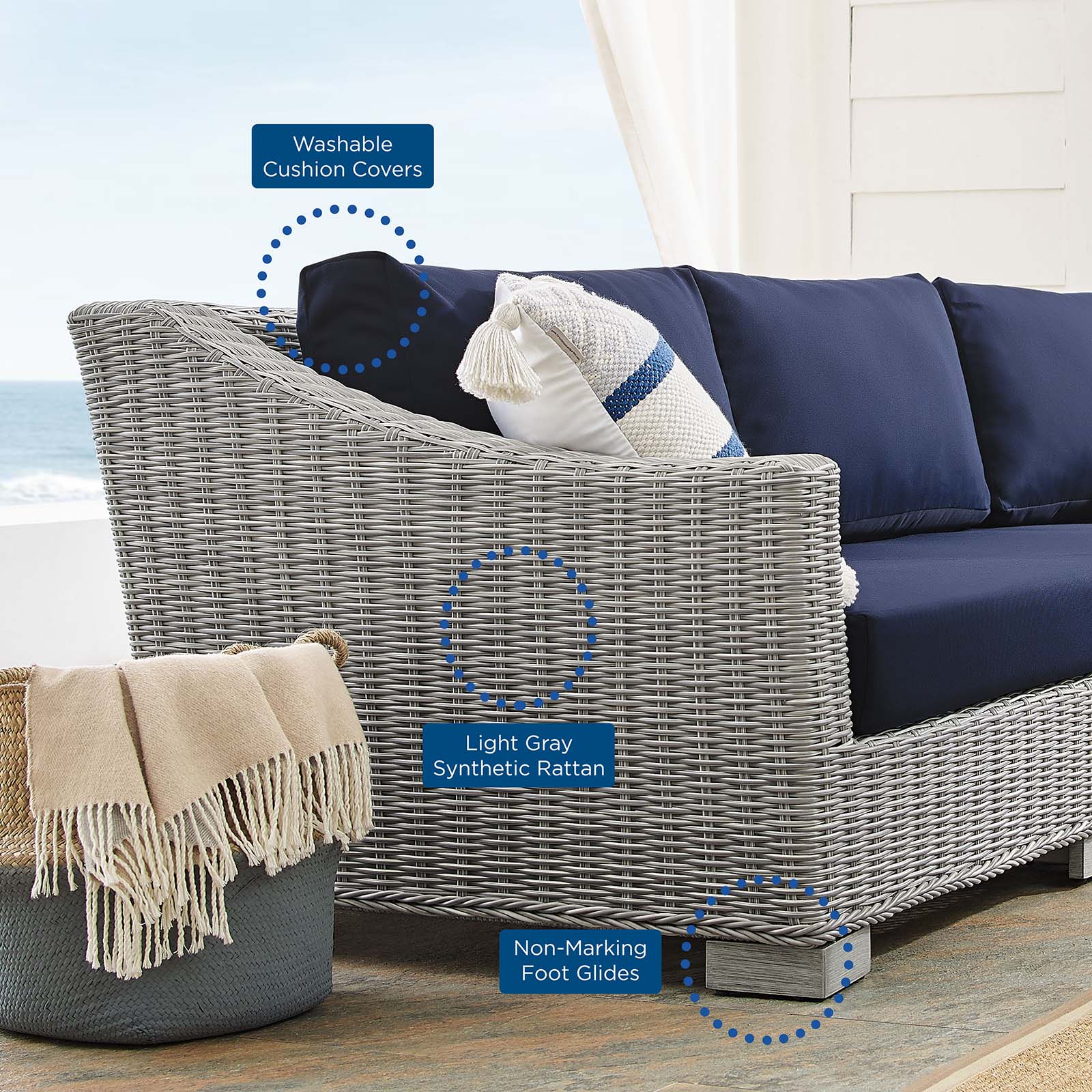 Modway Outdoor Conversation Sets - Conway Sunbrella Outdoor Patio Wicker Rattan 5-Piece Sectional Sofa Set Light Gray Navy