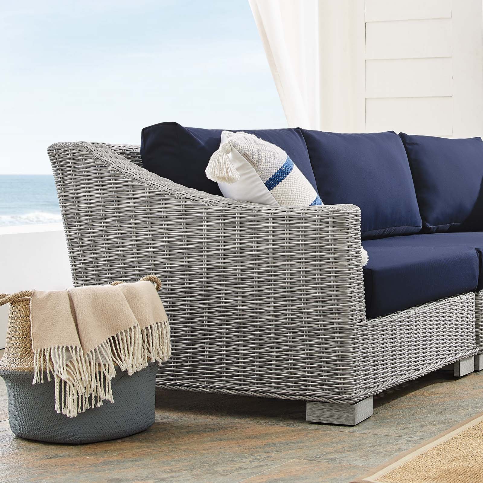 Modway Outdoor Conversation Sets - Conway Sunbrella Outdoor Patio Wicker Rattan 5-Piece Sectional Sofa Set Light Gray Navy