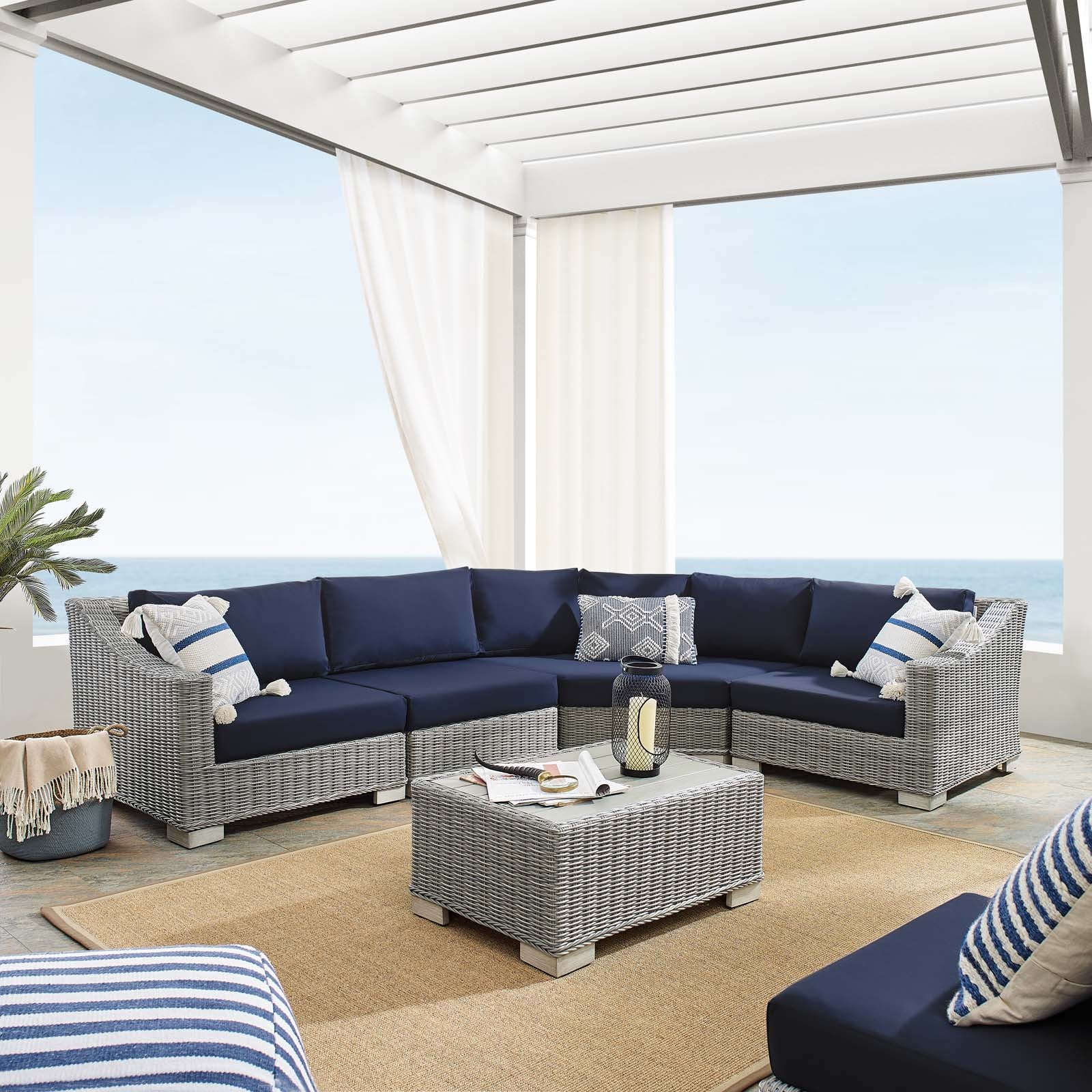 Modway Outdoor Conversation Sets - Conway Sunbrella Outdoor Patio Wicker Rattan 5-Piece Sectional Sofa Set Light Gray Navy