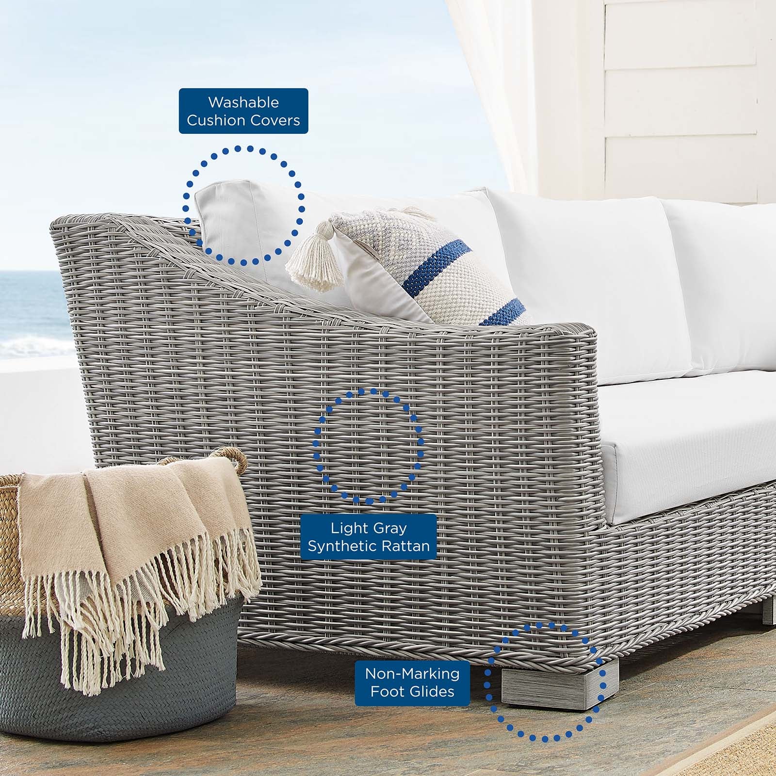 Modway Outdoor Conversation Sets - Conway Sunbrella Outdoor Patio Wicker Rattan 5-Piece Sectional Sofa Set Light Gray White