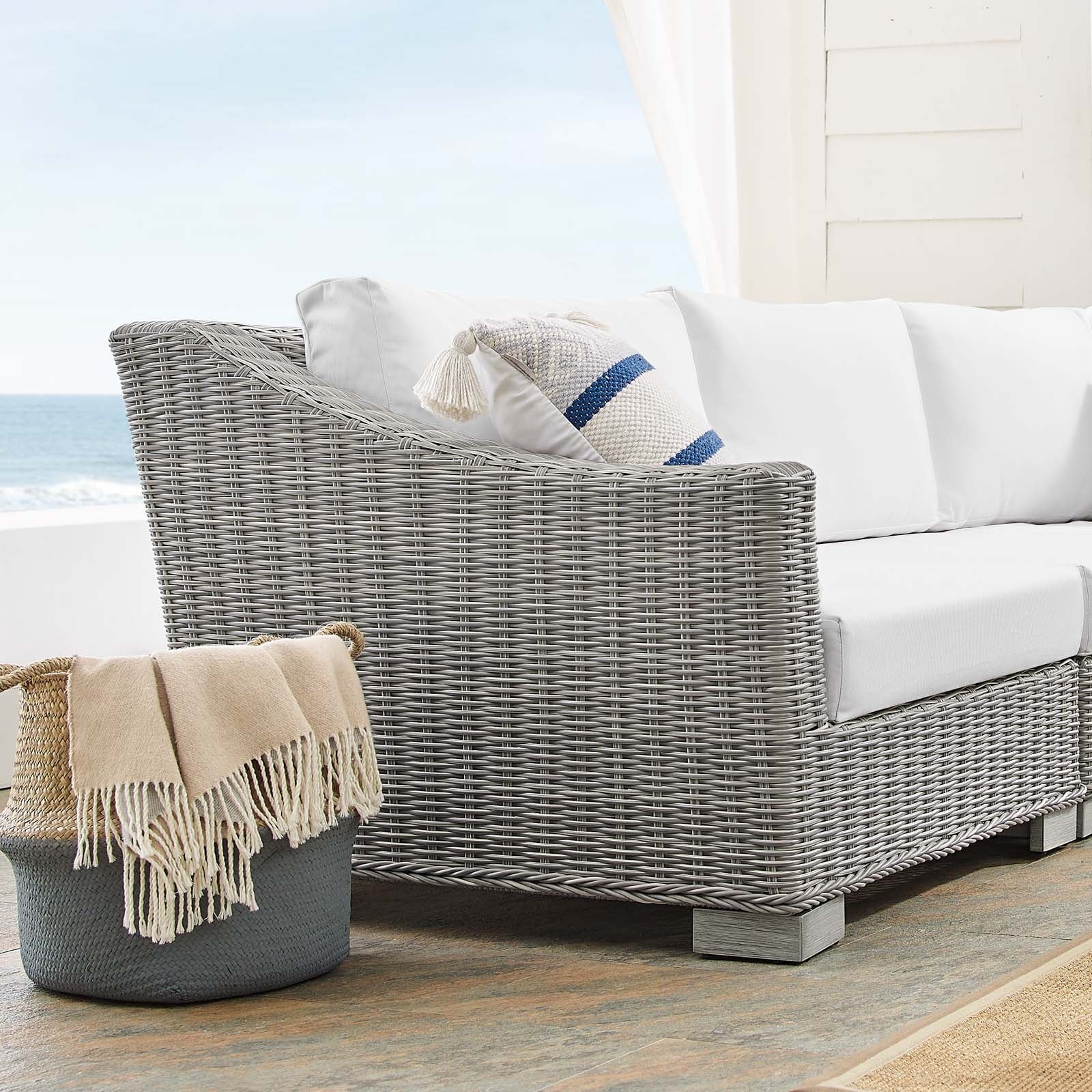 Modway Outdoor Conversation Sets - Conway Sunbrella Outdoor Patio Wicker Rattan 5-Piece Sectional Sofa Set Light Gray White
