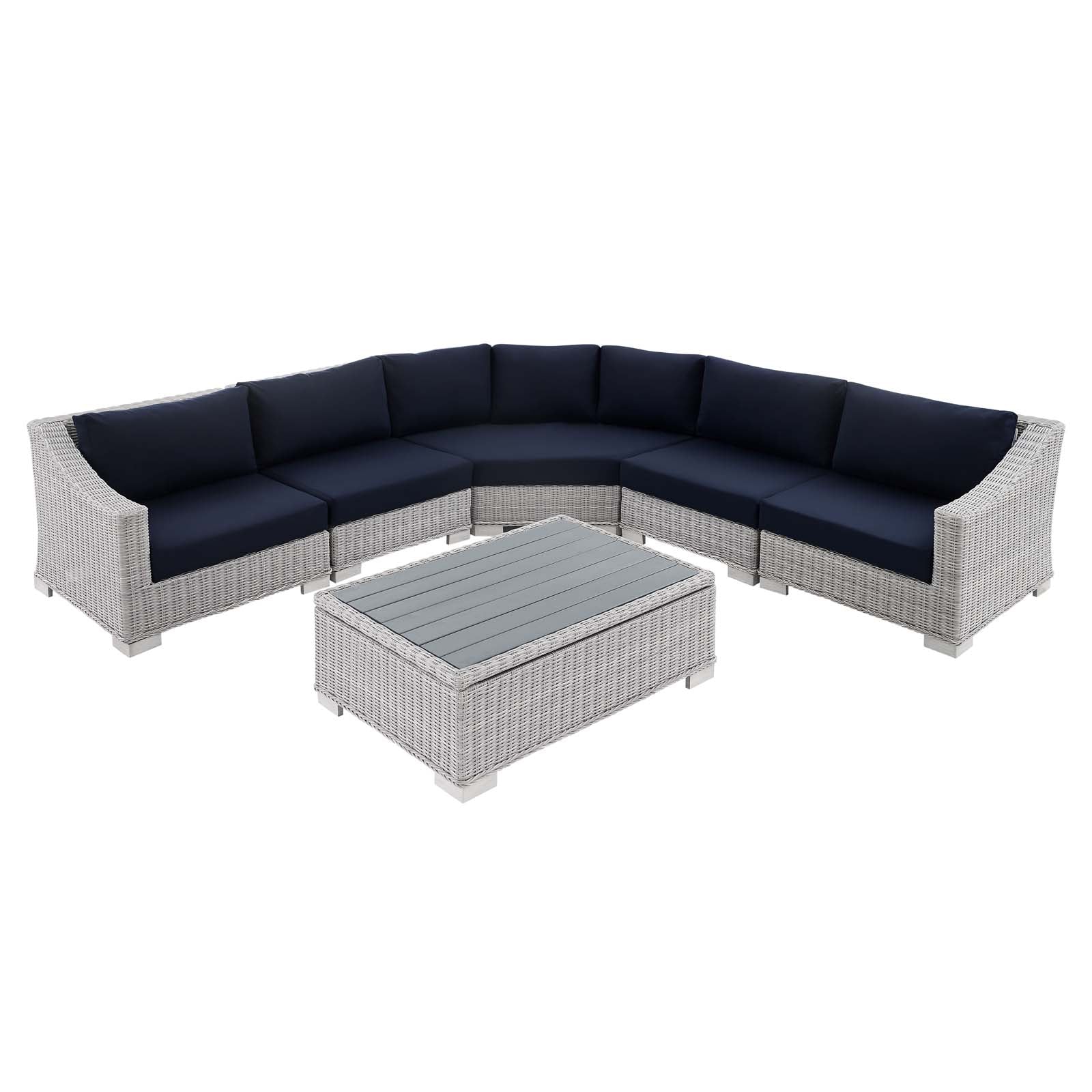 Modway Outdoor Conversation Sets - Conway Sunbrella Outdoor Patio Wicker Rattan 6-Piece Sectional Sofa Set Light Gray Navy