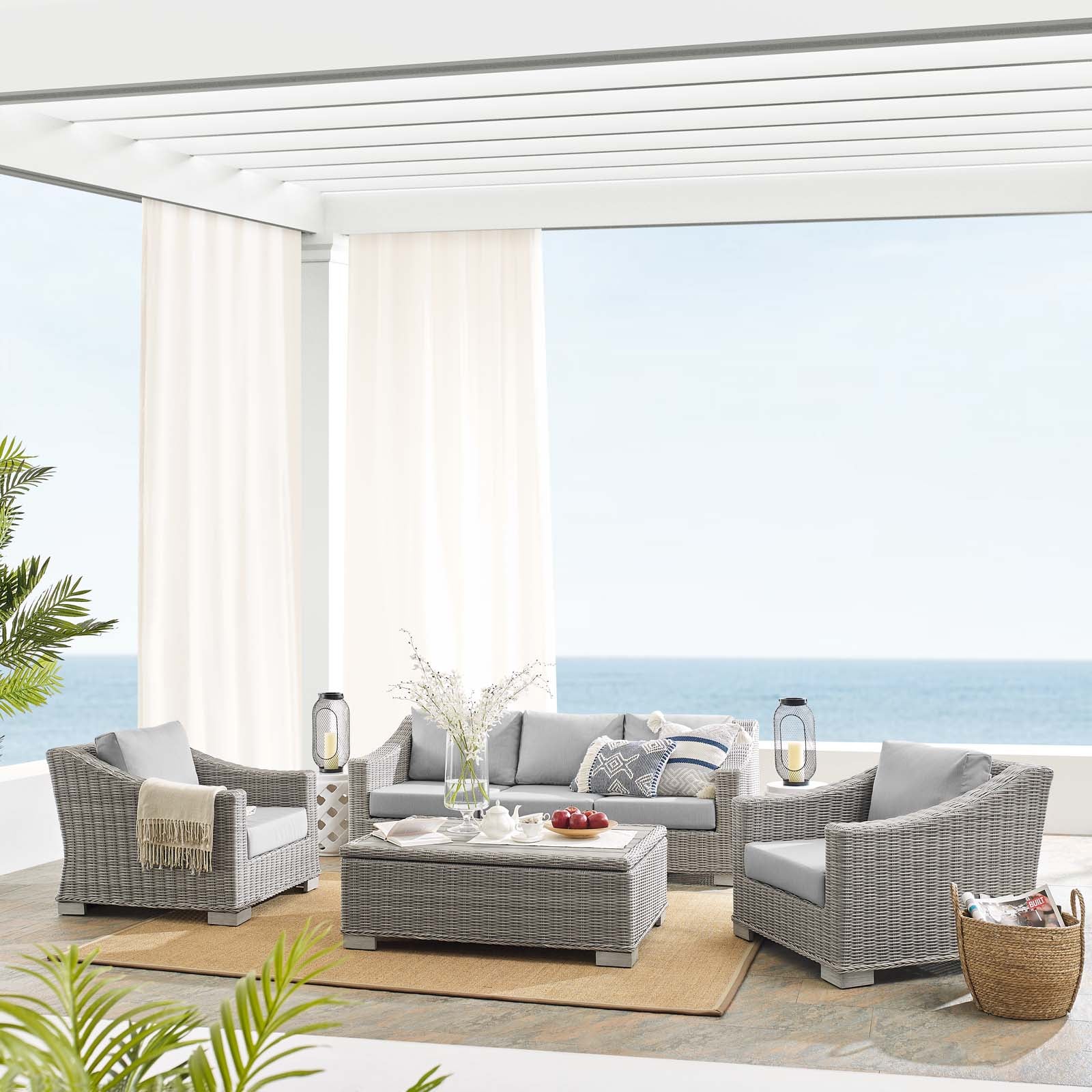 Modway Outdoor Conversation Sets - Conway Sunbrella Outdoor Patio Wicker Rattan 4-Piece Furniture Set Light Gray-EEI-4359-LGR-GRY