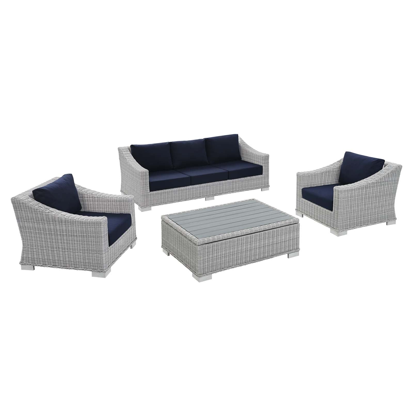 Modway Outdoor Conversation Sets - Conway Sunbrella Outdoor Patio Wicker Rattan 4-Piece Furniture Set Light Gray Navy