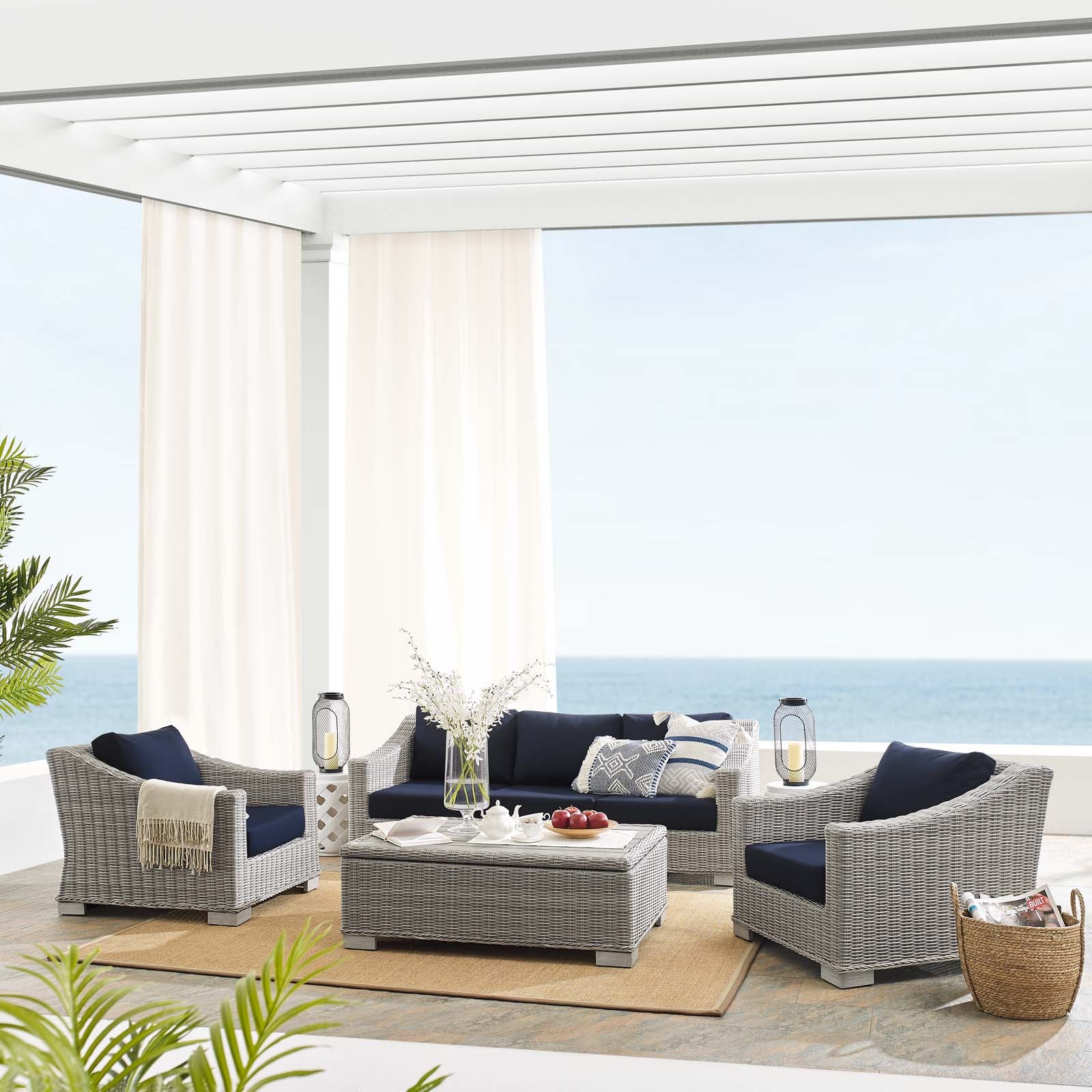 Modway Outdoor Conversation Sets - Conway Sunbrella Outdoor Patio Wicker Rattan 4-Piece Furniture Set Light Gray Navy