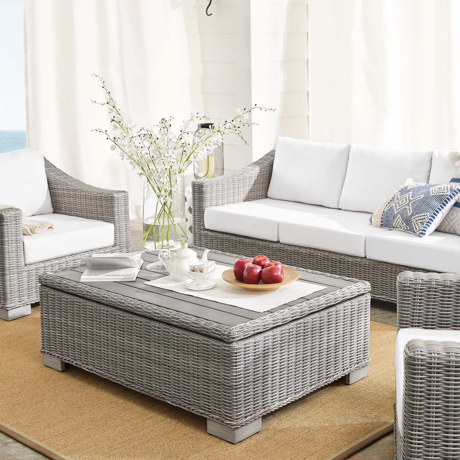 Modway Outdoor Conversation Sets - Conway Sunbrella Outdoor Patio Wicker Rattan 4-Piece Furniture Set Light Gray White