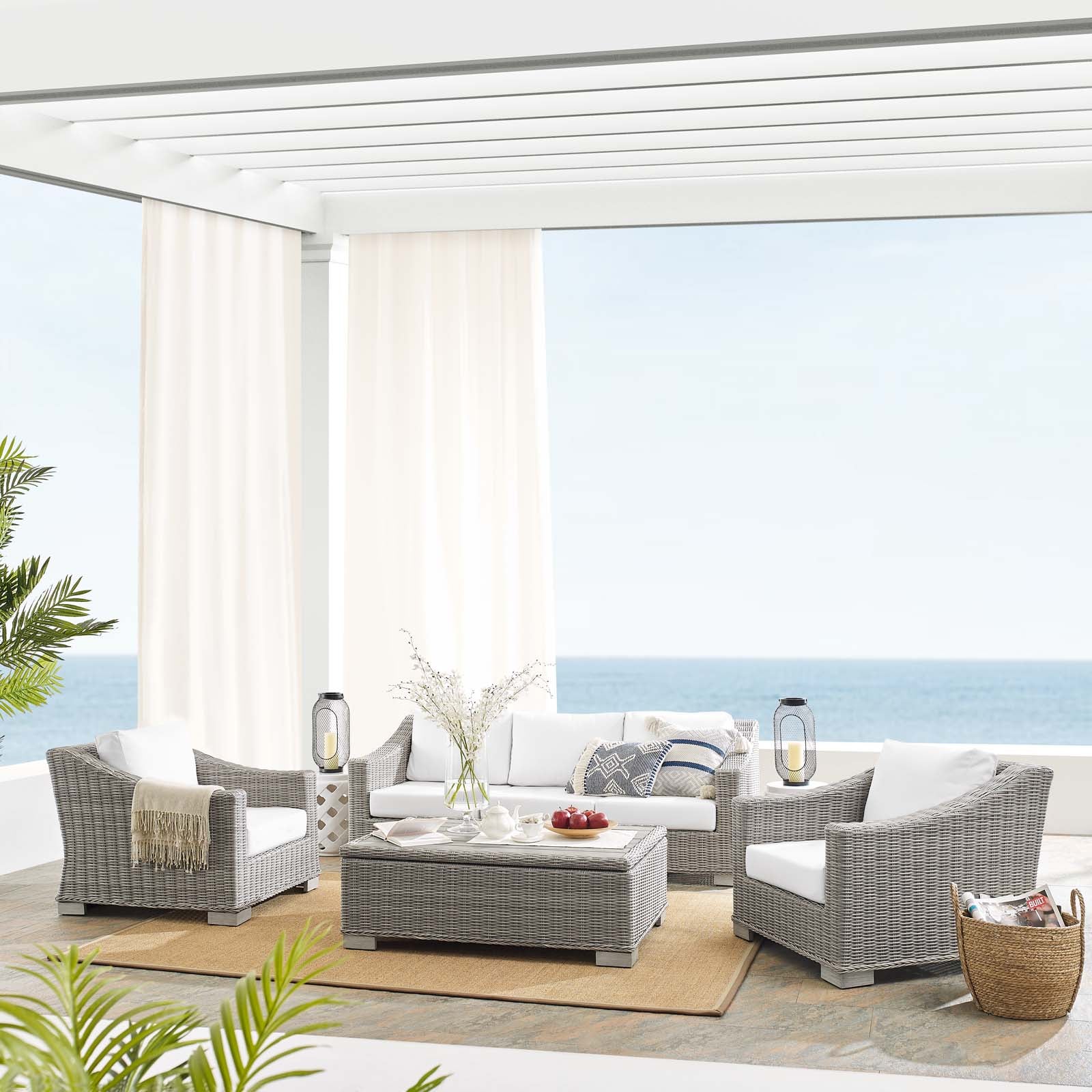 Modway Outdoor Conversation Sets - Conway Sunbrella Outdoor Patio Wicker Rattan 4-Piece Furniture Set Light Gray White