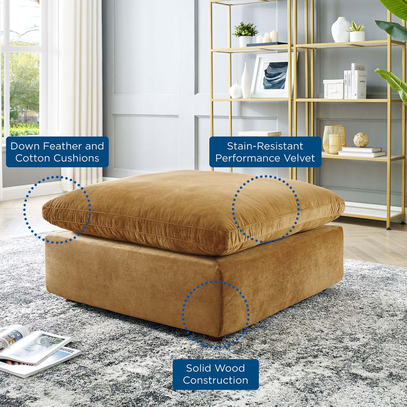Modway Ottomans & Stools - Commix Down Filled Overstuffed Performance Velvet Ottoman Cognac