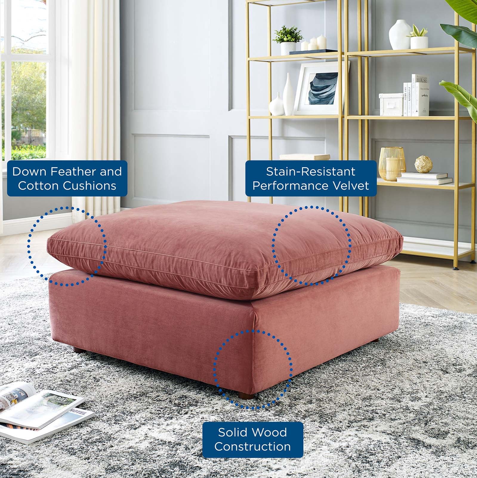 Modway Ottomans & Stools - Commix Down Filled Overstuffed Performance Velvet Ottoman Dusty Rose