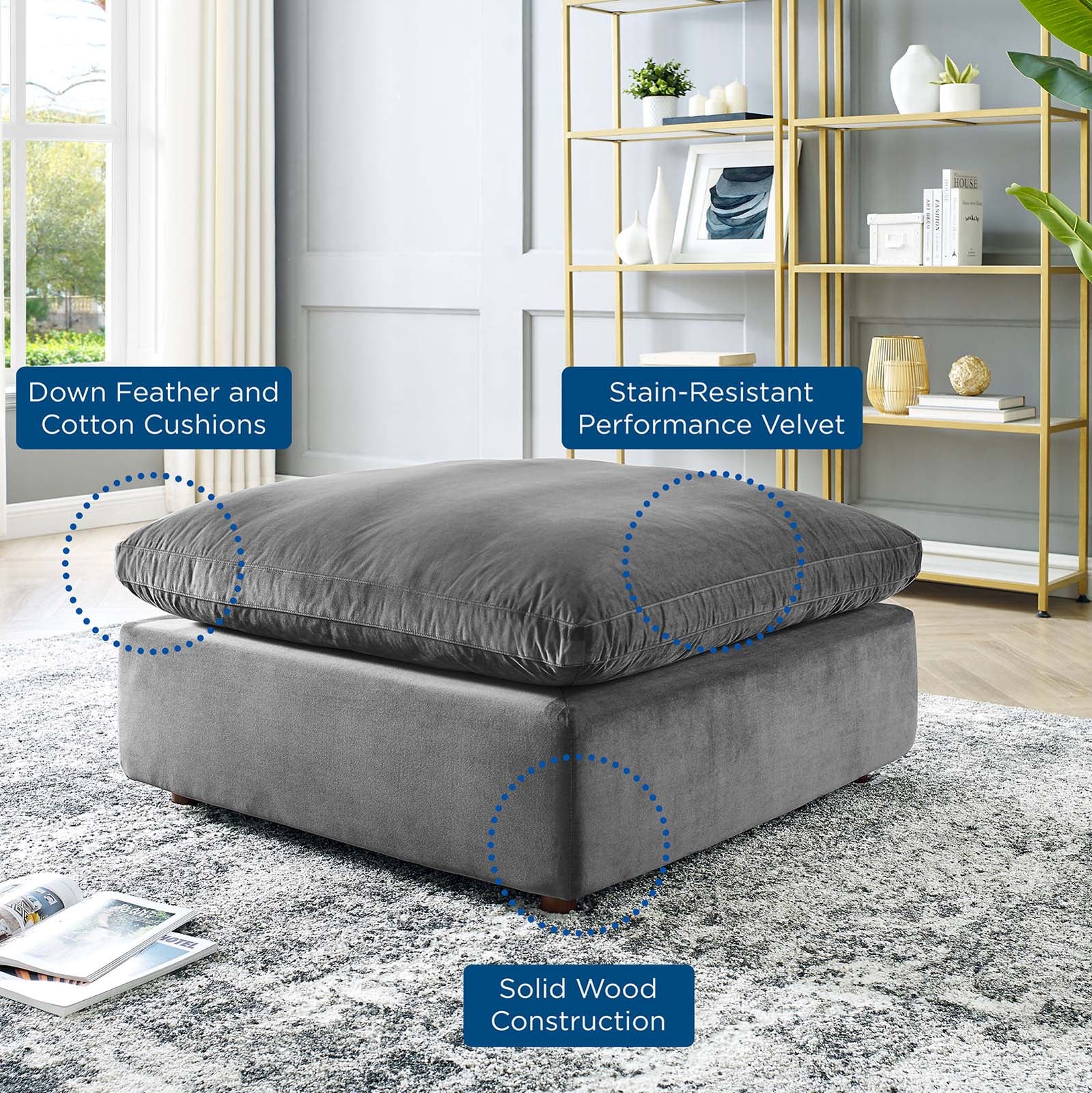 Modway Ottomans & Stools - Commix Down Filled Overstuffed Performance Velvet Ottoman Gray
