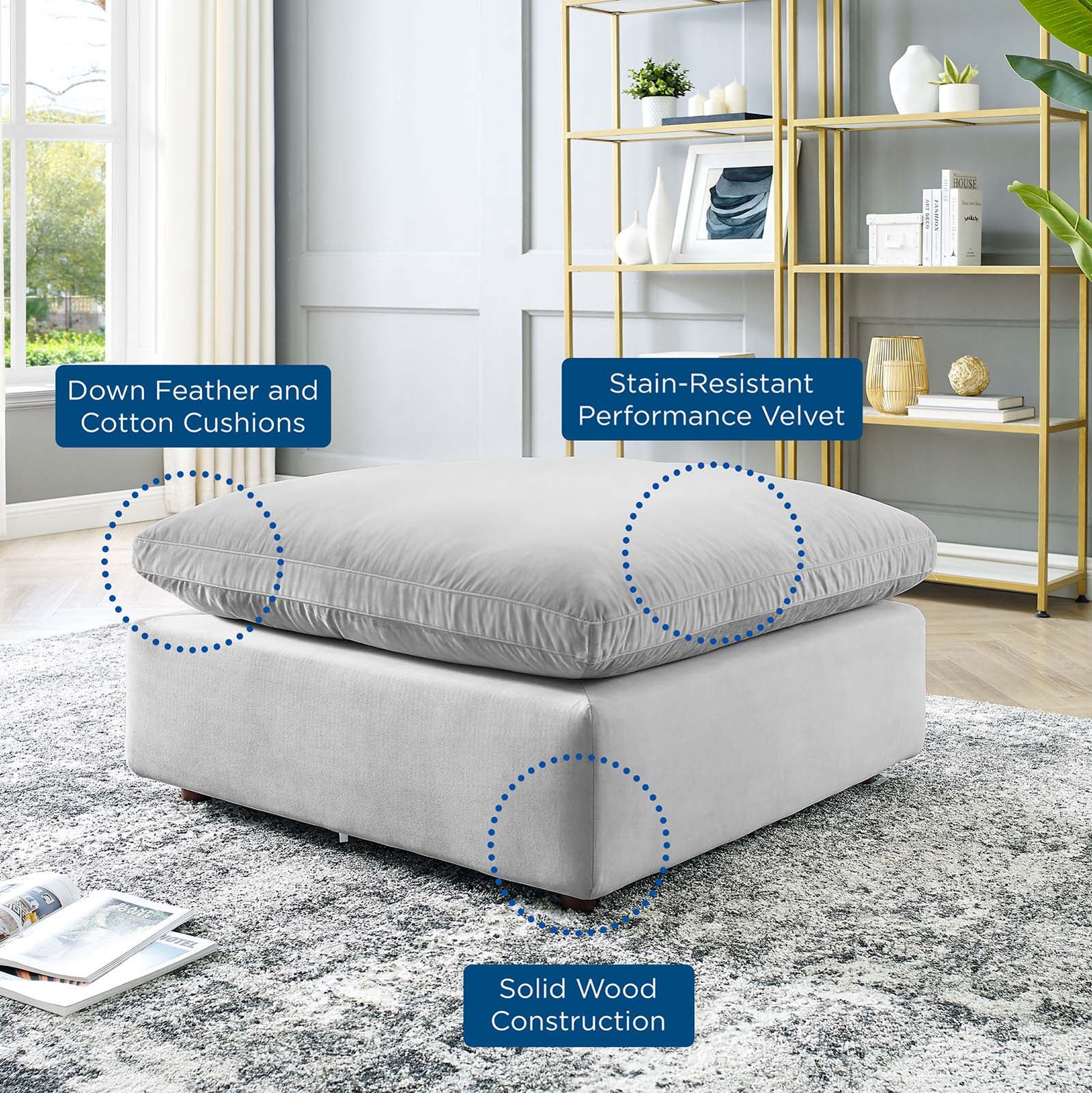 Modway Ottomans & Stools - Commix Down Filled Overstuffed Performance Velvet Ottoman Light Gray