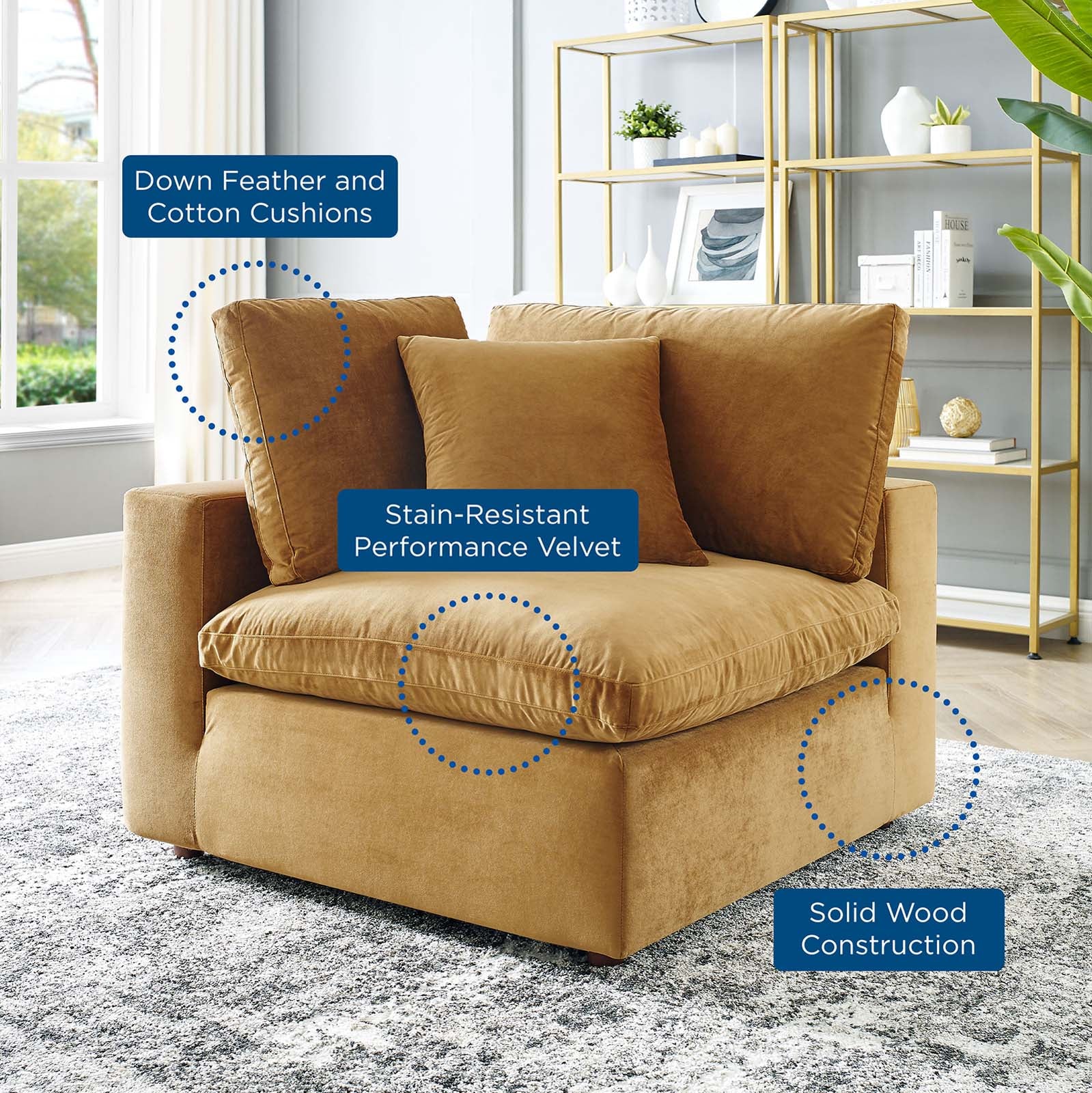 Modway Accent Chairs - Commix Down Filled Overstuffed Performance Velvet Corner Chair Cognac
