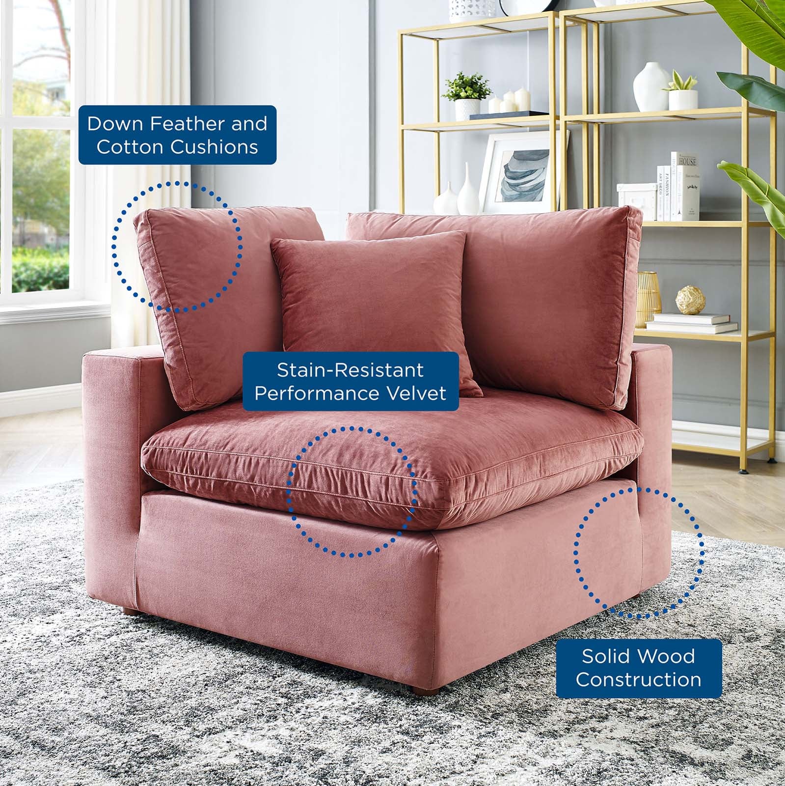 Modway Accent Chairs - Commix Down Filled Overstuffed Performance Velvet Corner Chair Dusty Rose