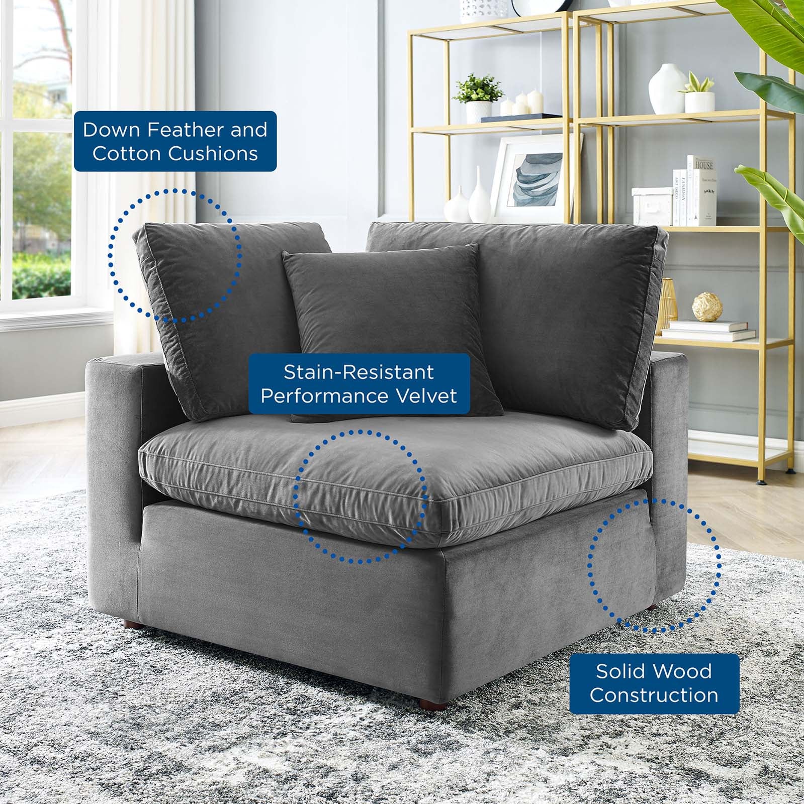Modway Accent Chairs - Commix Down Filled Overstuffed Performance Velvet Corner Chair Gray