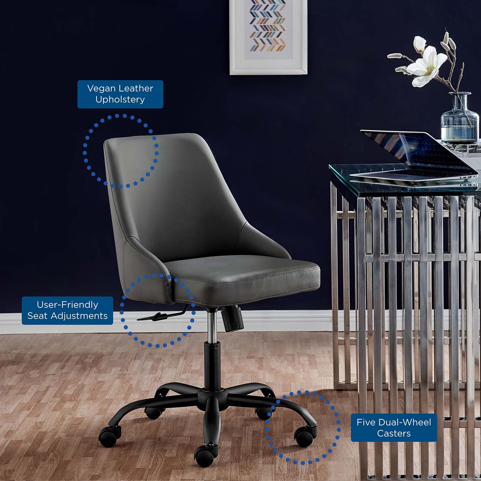 Modway Task Chairs - Designate Swivel Vegan Leather Office Chair Black Gray