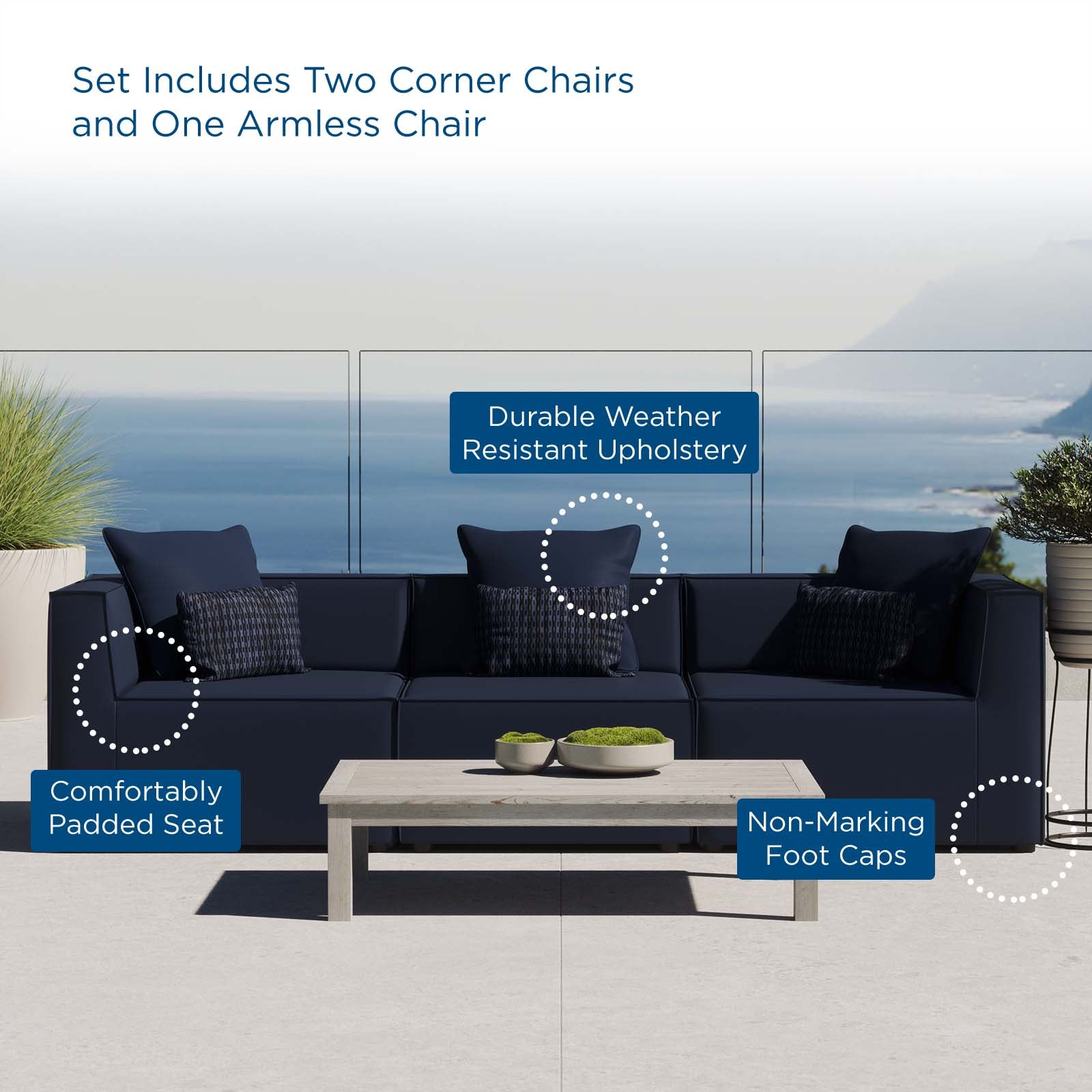 Modway Outdoor Sofas - Saybrook Outdoor Patio Upholstered 3-Piece Sectional Sofa Navy