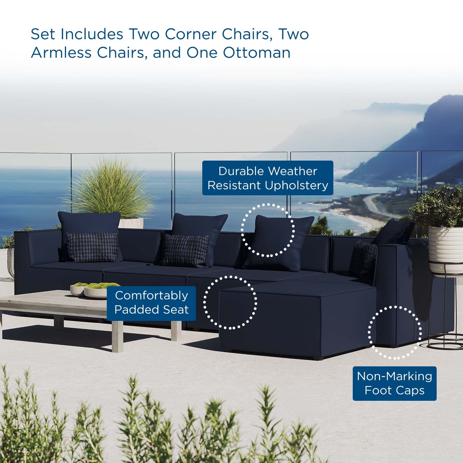 Modway Outdoor Sofas - Saybrook 138" Outdoor Patio Upholstered 5-Piece Sectional Sofa Navy