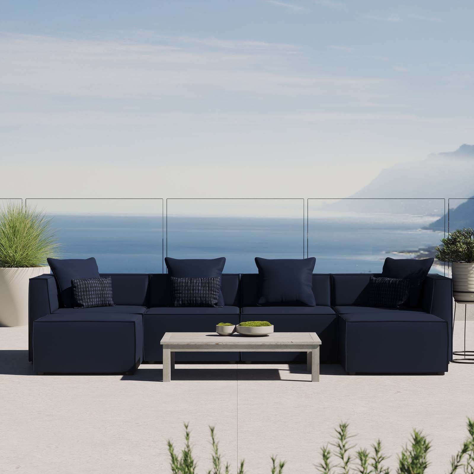 Modway Outdoor Sofas - Saybrook 64" Outdoor Patio Upholstered 6-Piece Sectional Sofa Navy