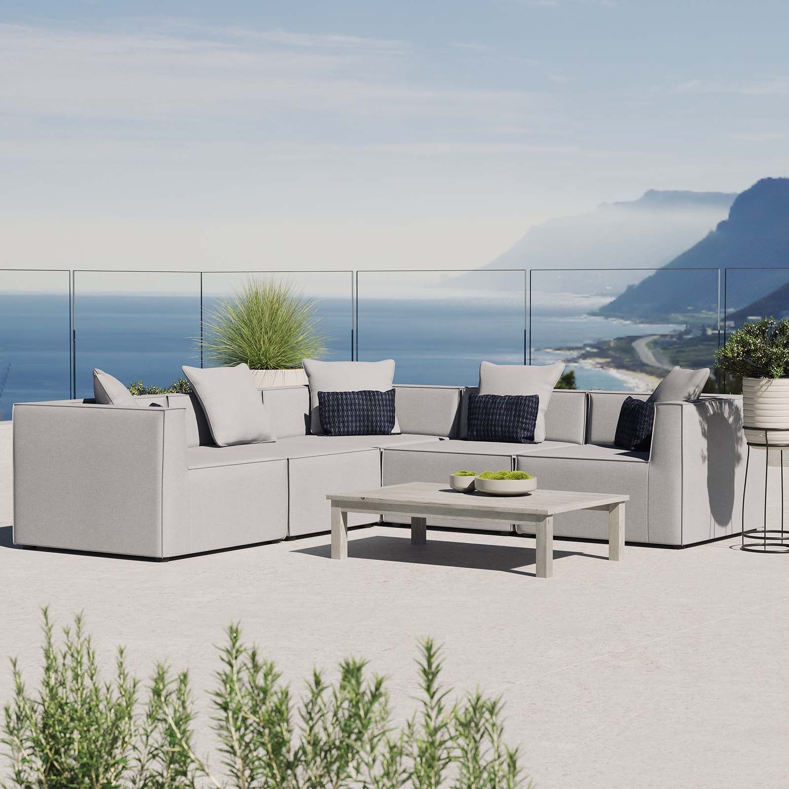 Modway Outdoor Sofas - Saybrook Outdoor Patio Upholstered 5-Piece Sectional Sofa Gray