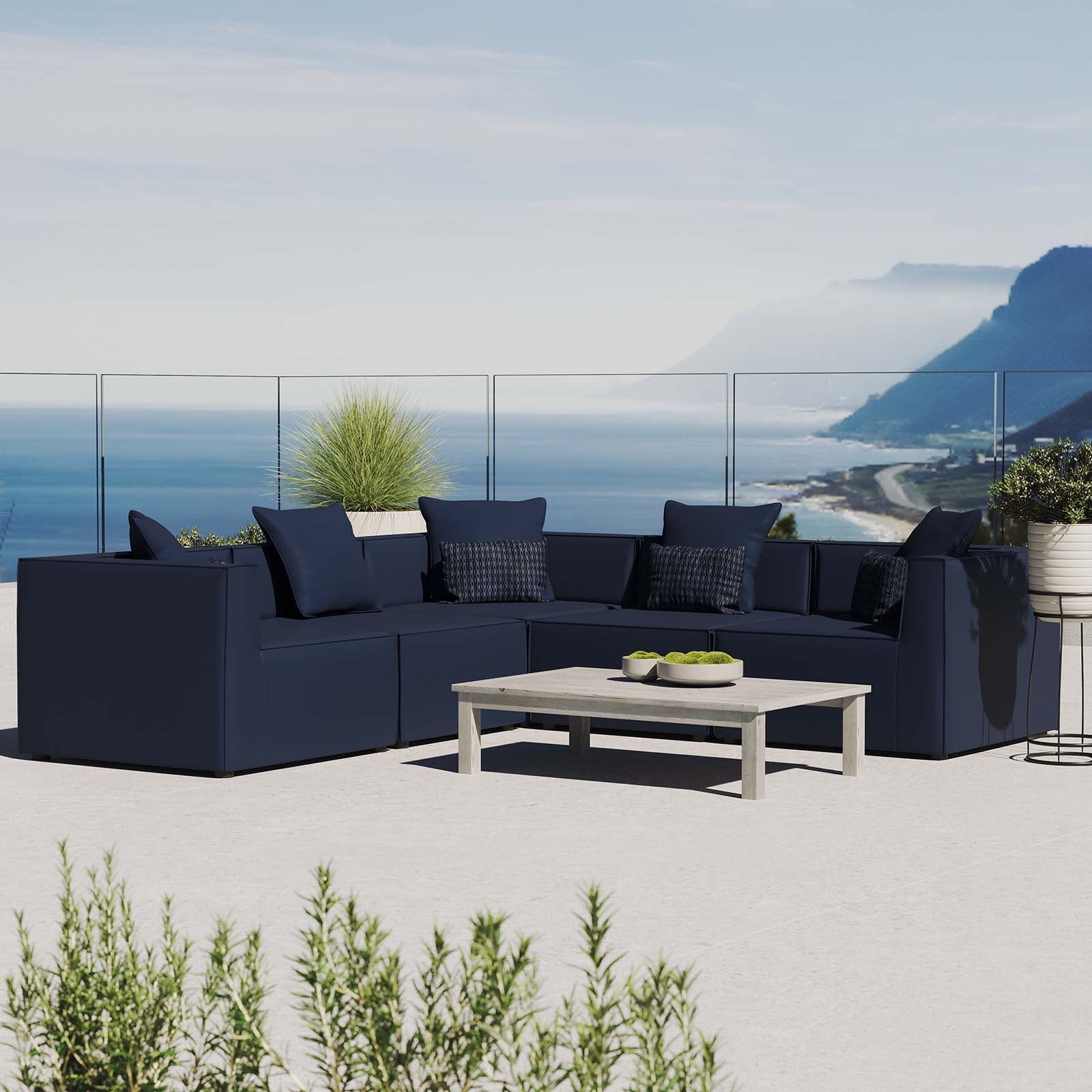 Modway Outdoor Sofas - Saybrook Outdoor Patio Upholstered 5-Piece Sectional Sofa Navy