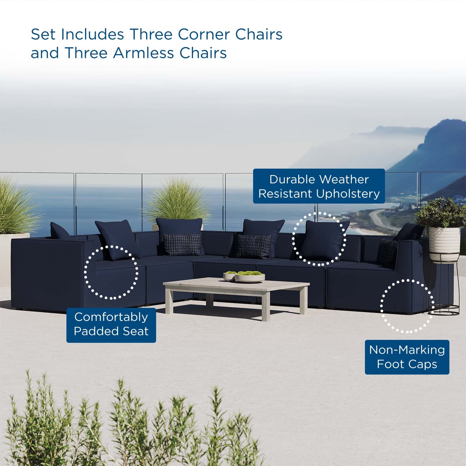 Modway Outdoor Sofas - Saybrook 138" Outdoor Patio Upholstered 6-Piece Sectional Sofa Navy