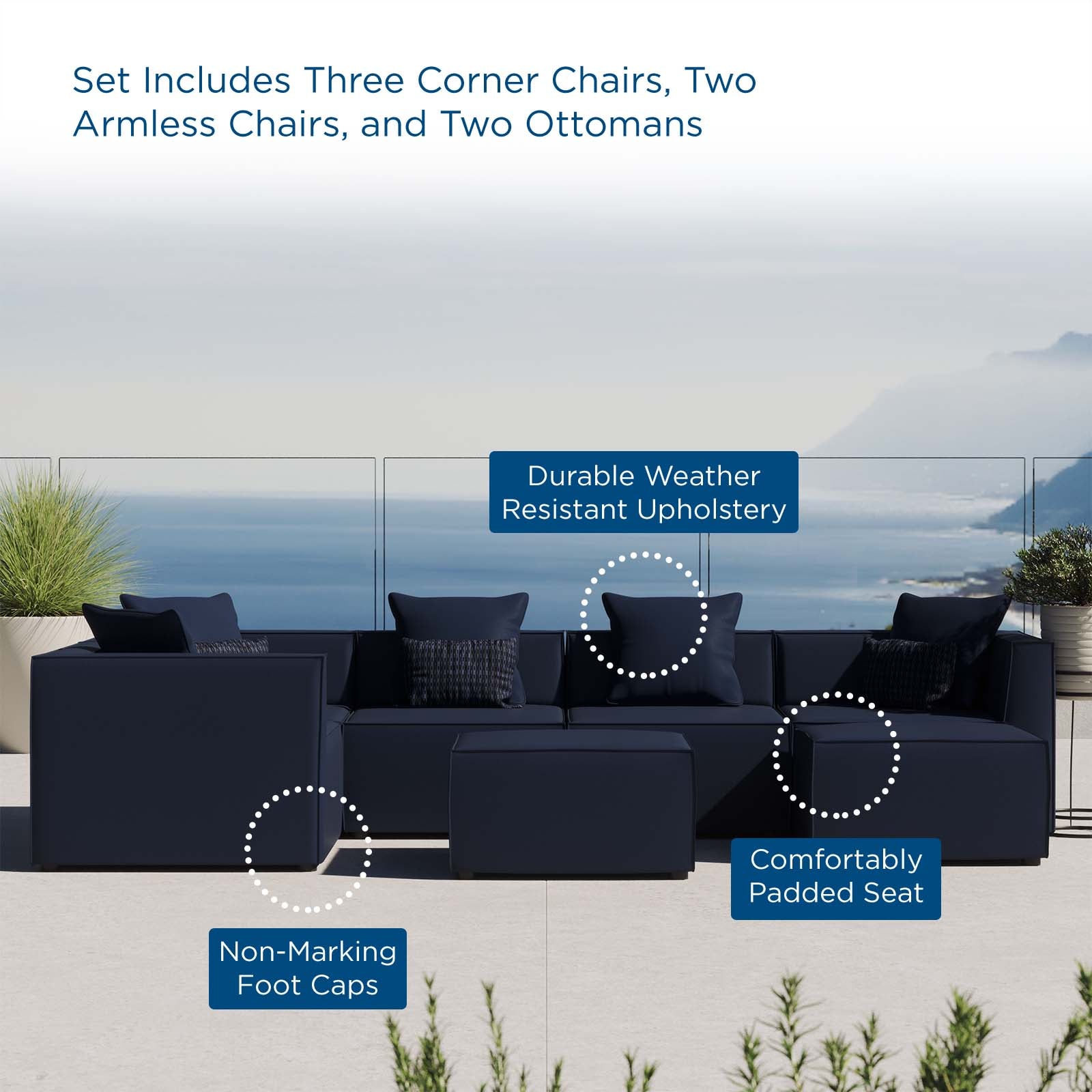 Modway Outdoor Sofas - Saybrook Outdoor Patio Upholstered 7-Piece Sectional Sofa Navy