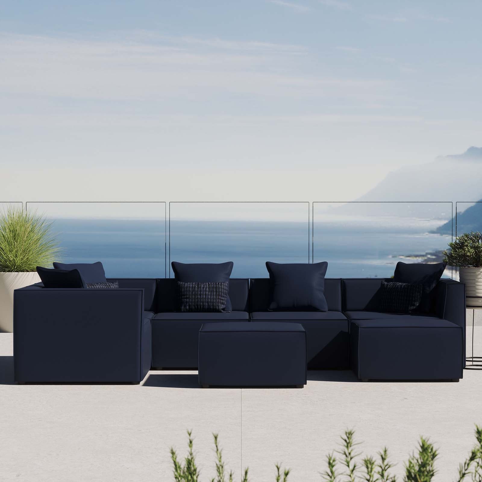 Modway Outdoor Sofas - Saybrook Outdoor Patio Upholstered 7-Piece Sectional Sofa Navy
