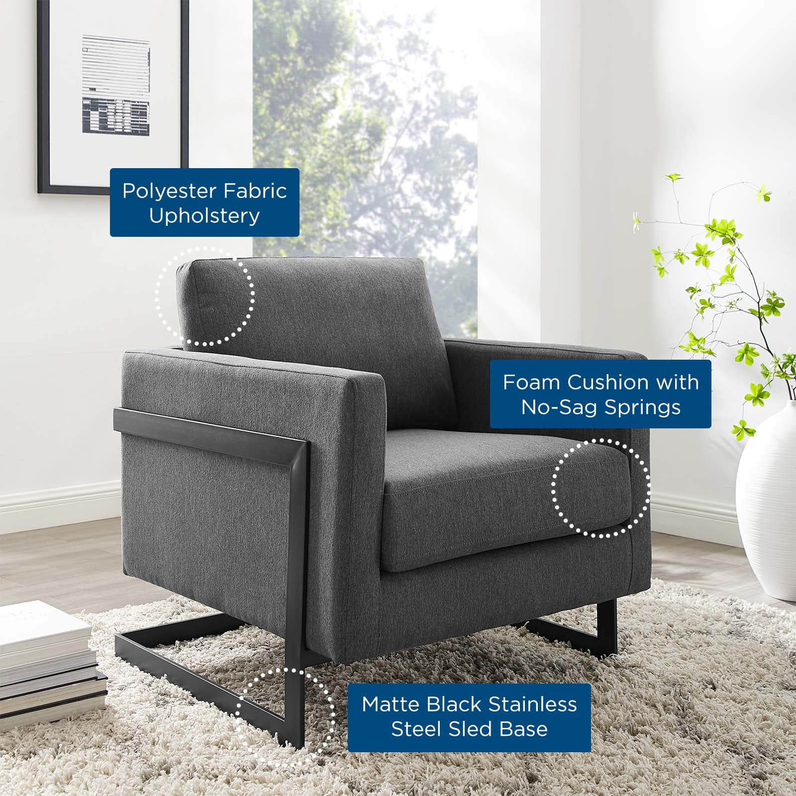 Modway Accent Chairs - Posse Upholstered Fabric Accent Chair Black Charcoal