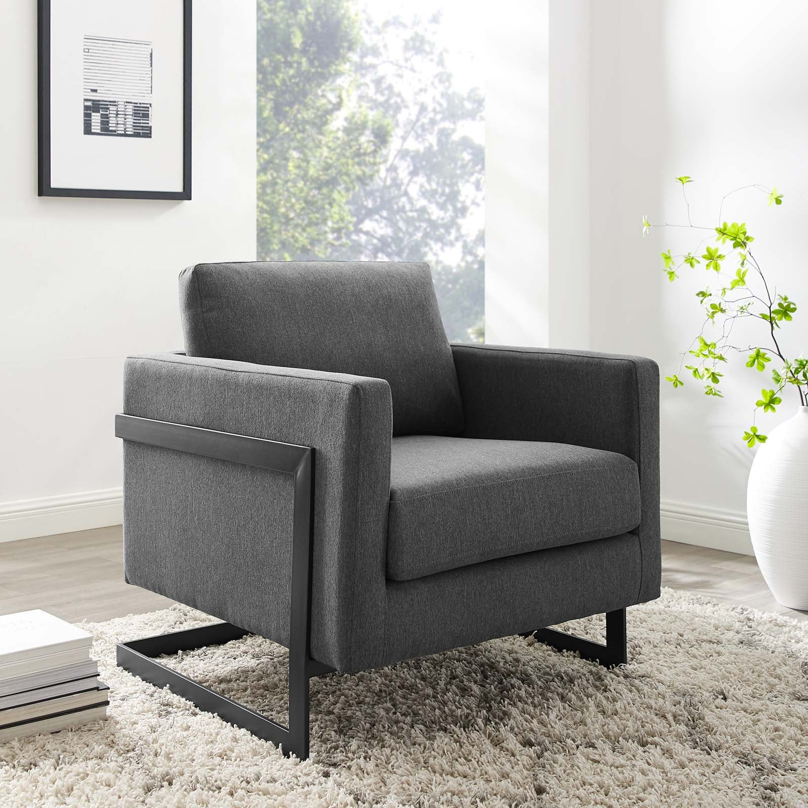 Modway Accent Chairs - Posse Upholstered Fabric Accent Chair Black Charcoal