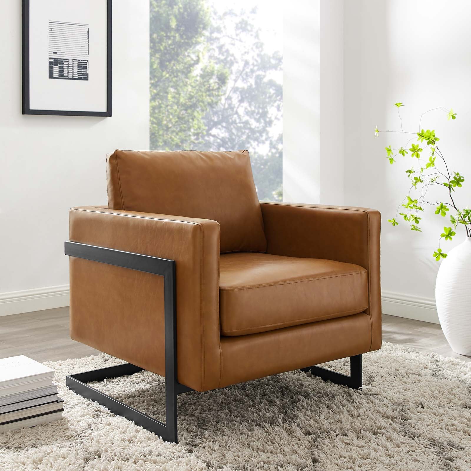 Modway Accent Chairs - Posse Vegan Leather Accent Chair Black Tan