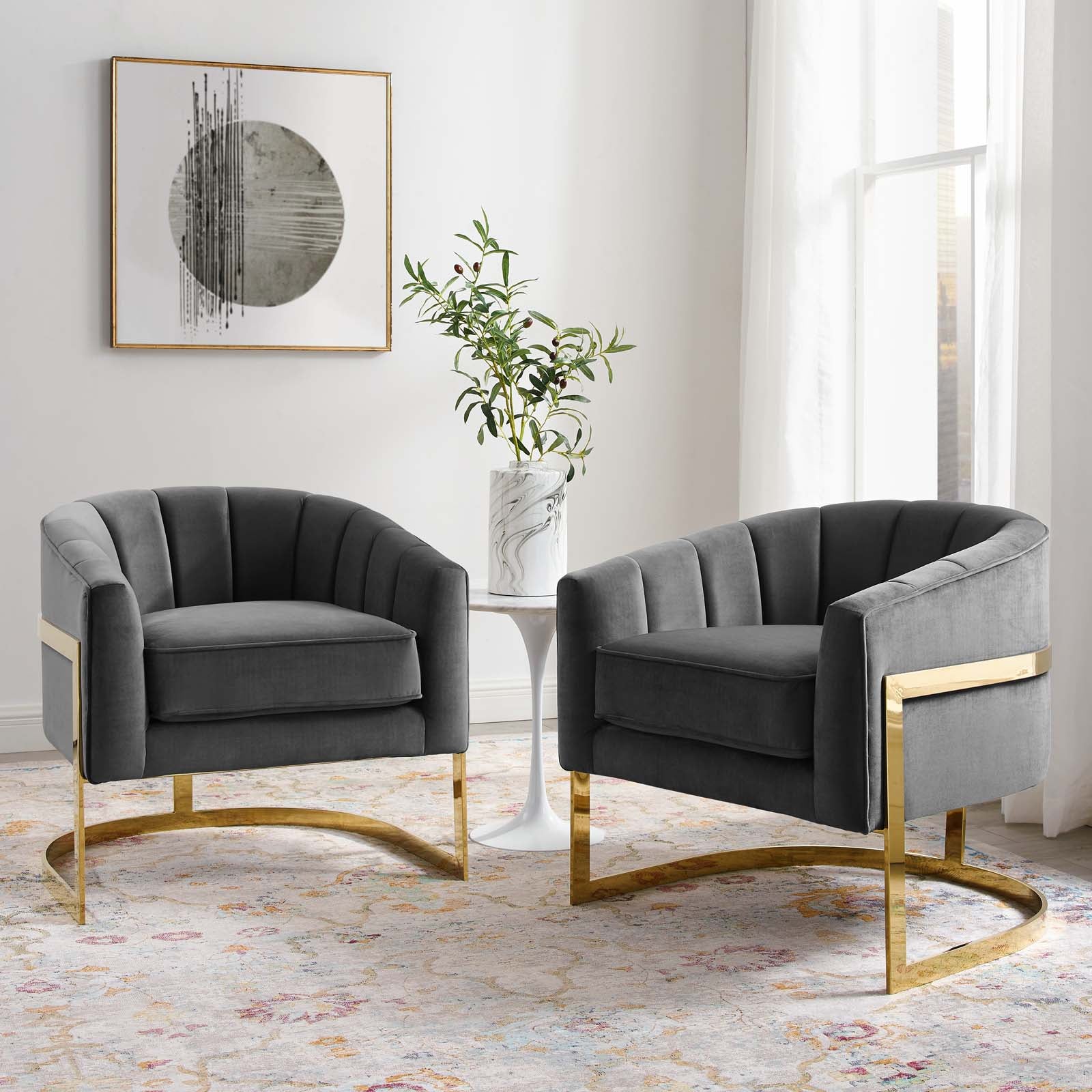 Modway Accent Chairs - Esteem Accent Armchair Performance Velvet (Set of 2) Gray