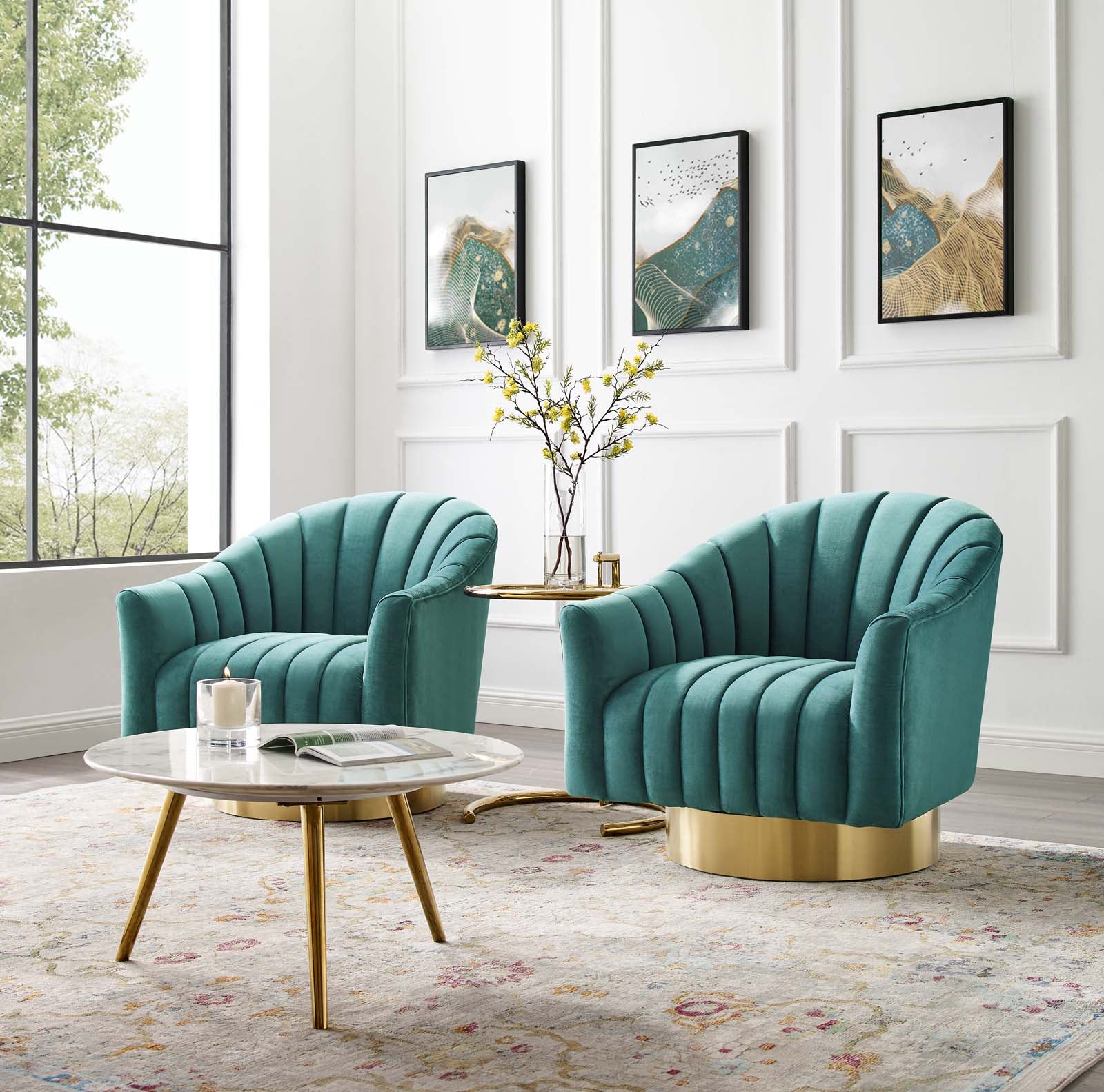 Modway Accent Chairs - Buoyant Swivel Chair Performance Velvet Set of 2 Teal