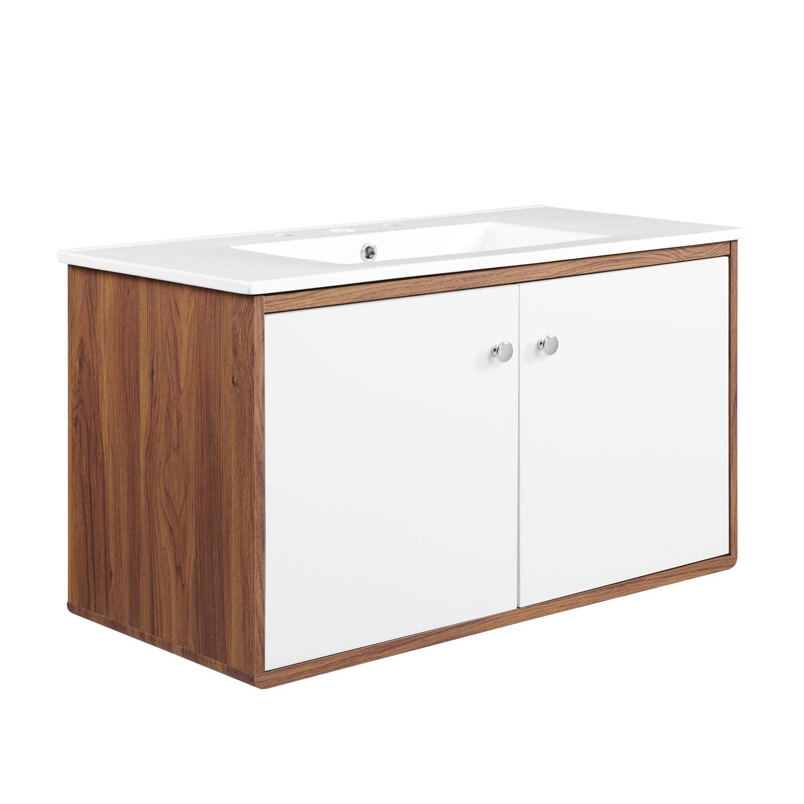 Modway Bathroom Vanity - Transmit-36"-Wall-Mount-Bathroom-Vanity-Walnut-White