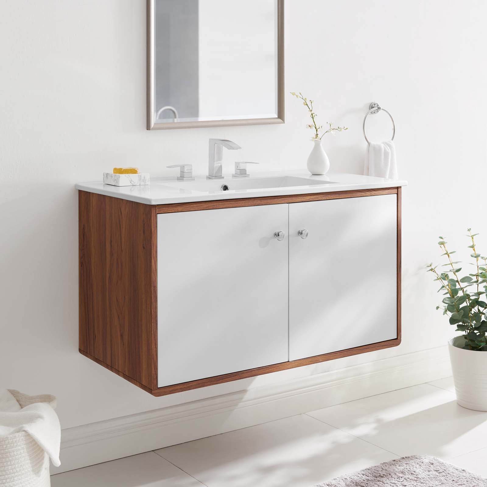 Modway Bathroom Vanity - Transmit-36"-Wall-Mount-Bathroom-Vanity-Walnut-White