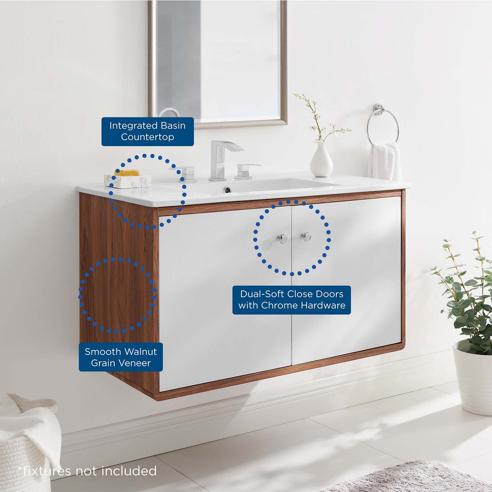 Modway Bathroom Vanity - Transmit-36"-Wall-Mount-Bathroom-Vanity-Walnut-White