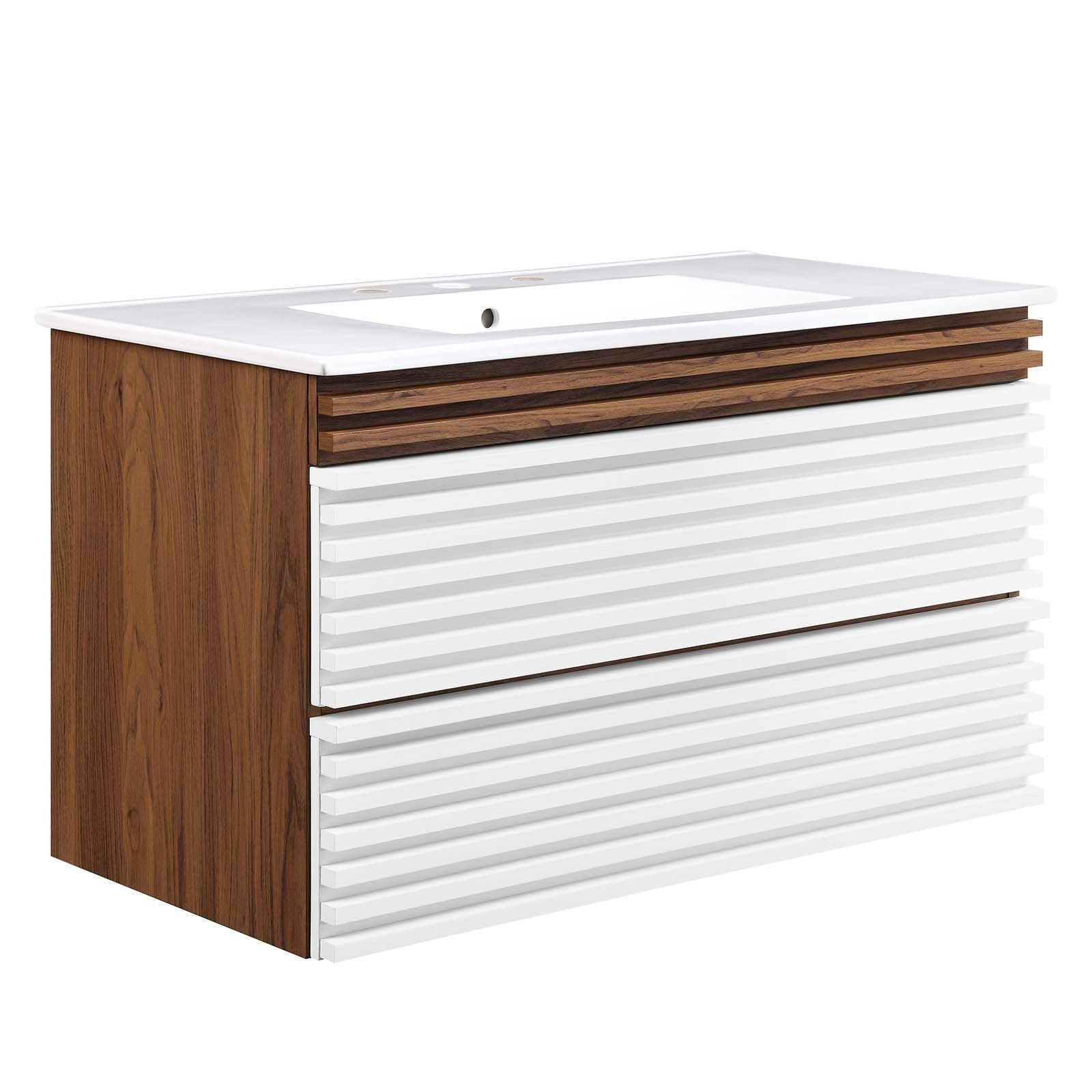 Modway Bathroom Vanity - Render 36" Wall-Mount Bathroom Vanity White Walnut White
