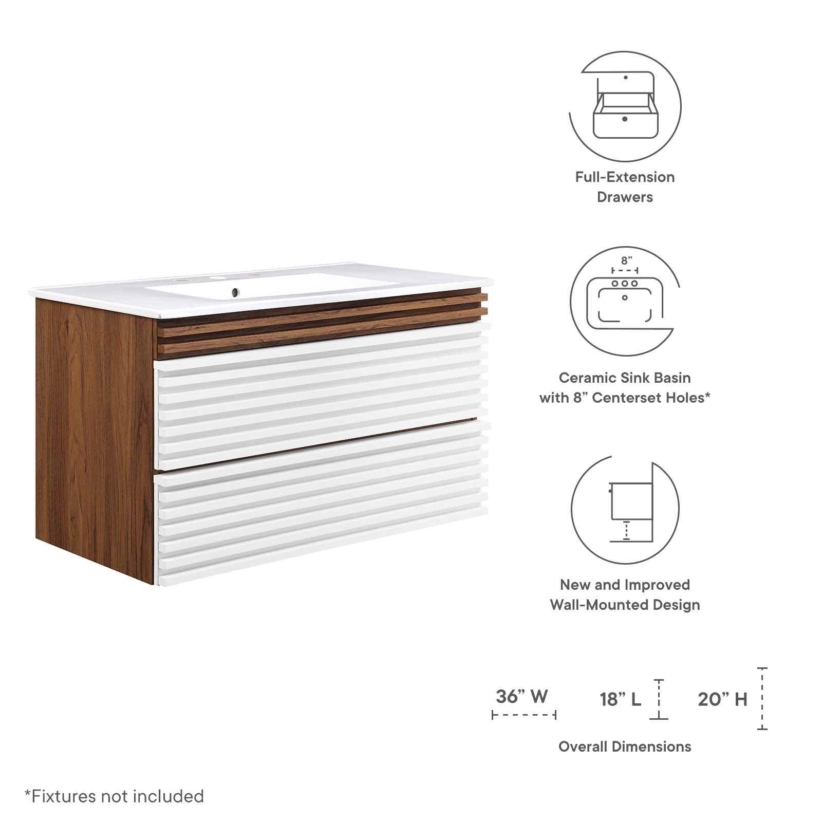 Modway Bathroom Vanity - Render 36" Wall-Mount Bathroom Vanity White Walnut White