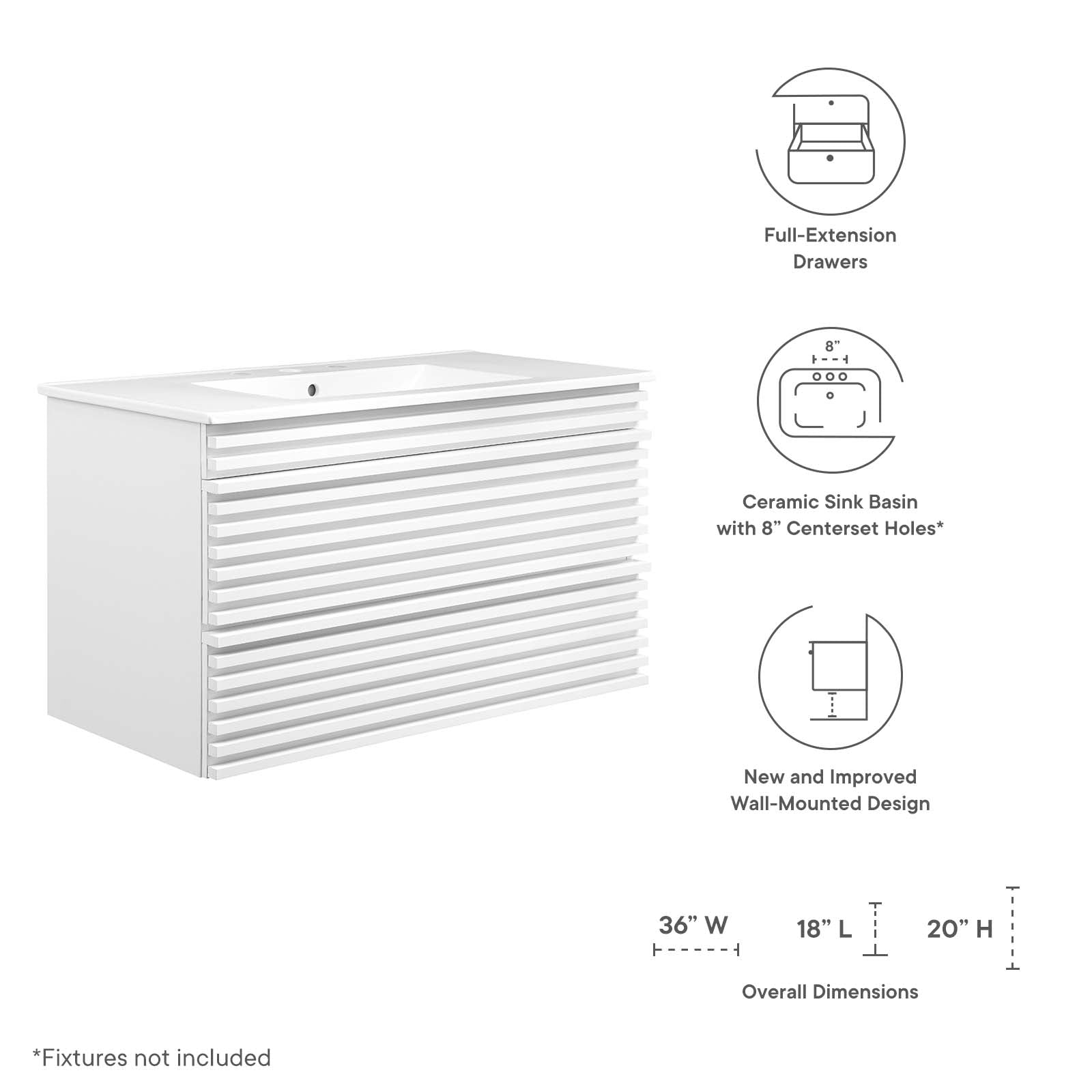 Modway Bathroom Vanity - Render 36" Wall-Mount Bathroom Vanity White White