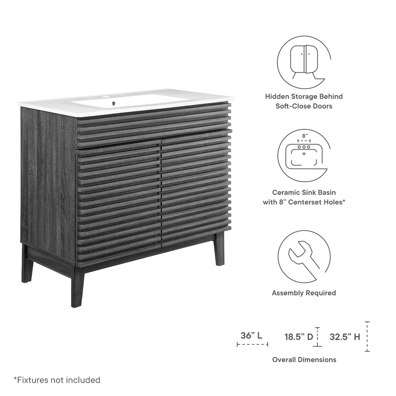 Modway Bathroom Vanity - Render 36" Bathroom Vanity Charcoal White