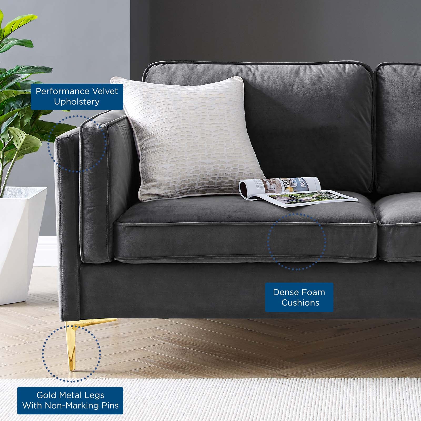 Modway Sofas & Couches - Kaiya Performance Velvet Sofa Charcoal