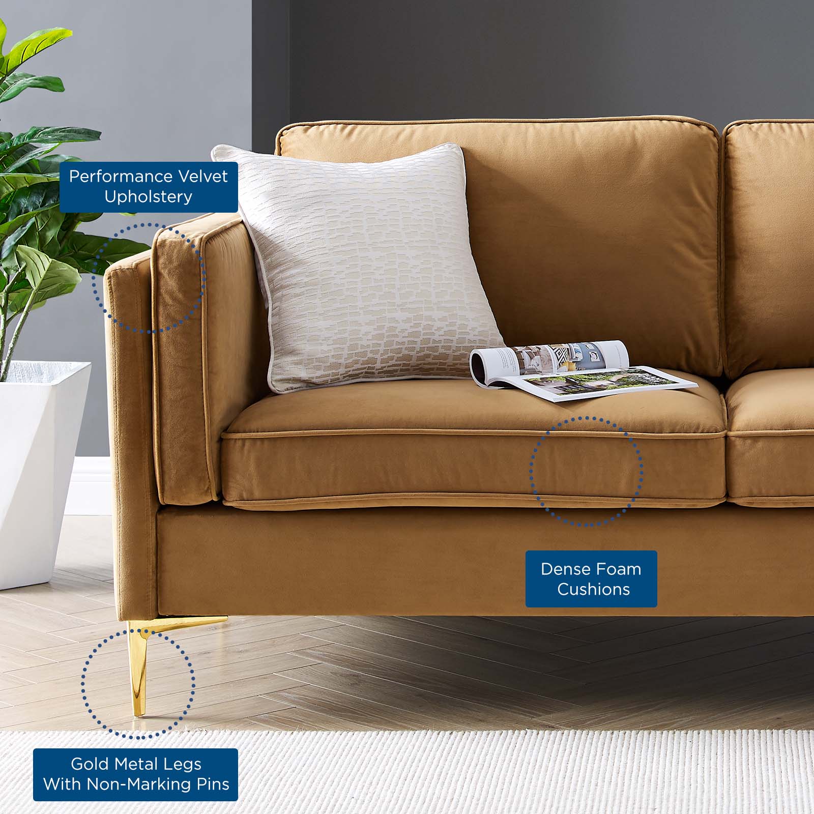Modway Sofas & Couches - Kaiya Performance Velvet Sofa Cognac