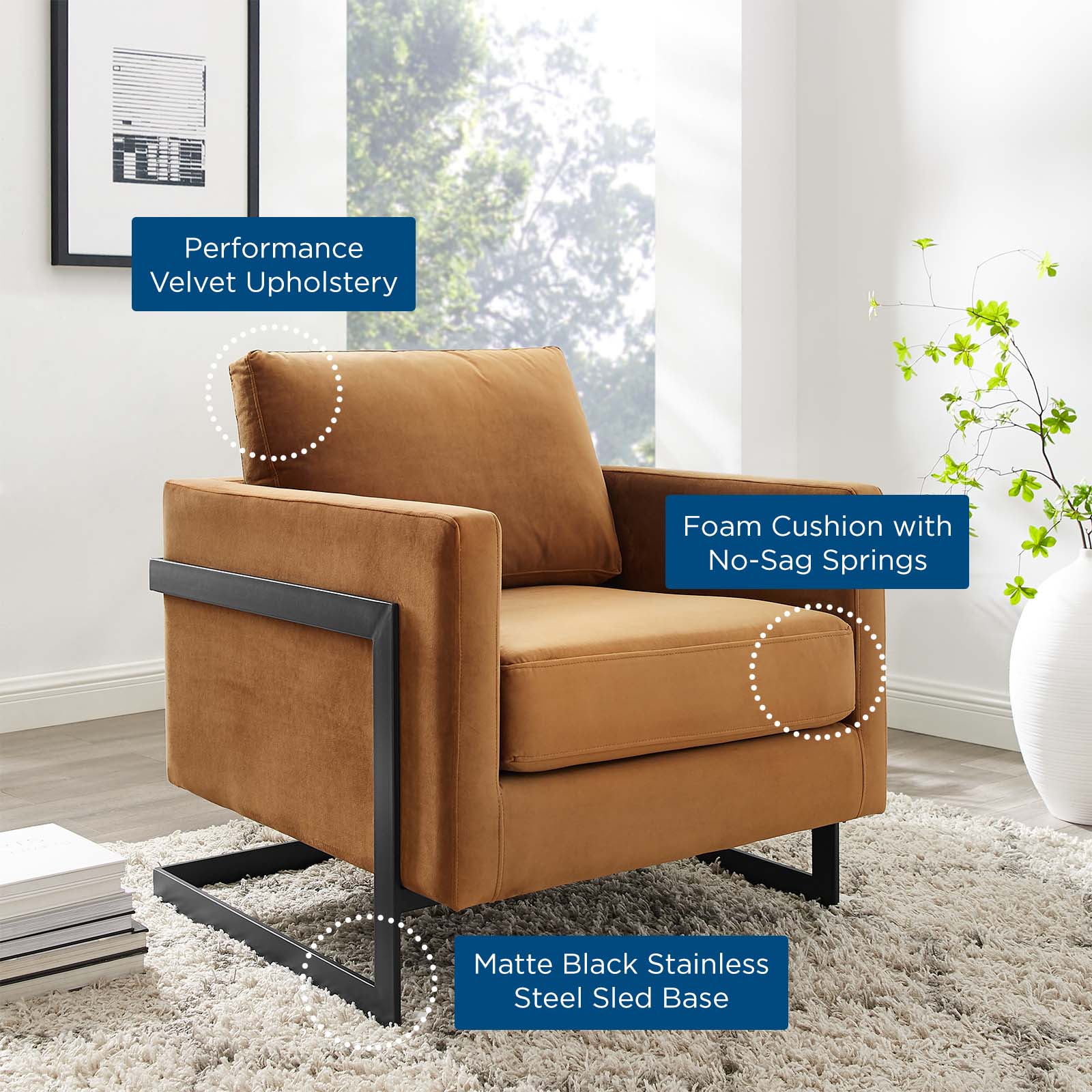 Modway Accent Chairs - Posse Performance Velvet Accent Chair Black Cognac