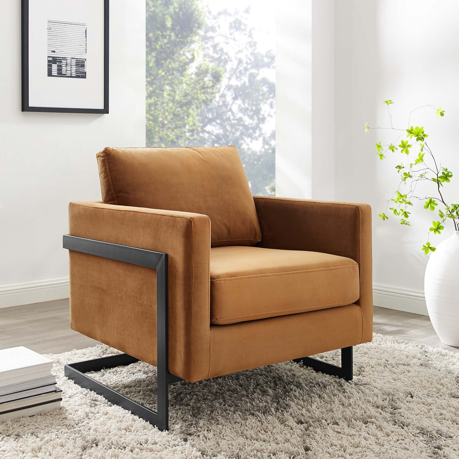 Modway Accent Chairs - Posse Performance Velvet Accent Chair Black Cognac