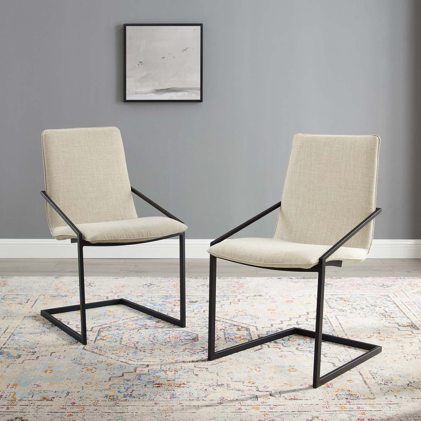 Modway Dining Chairs - Pitch Dining Armchair Upholstered Fabric Set of 2 Black Beige