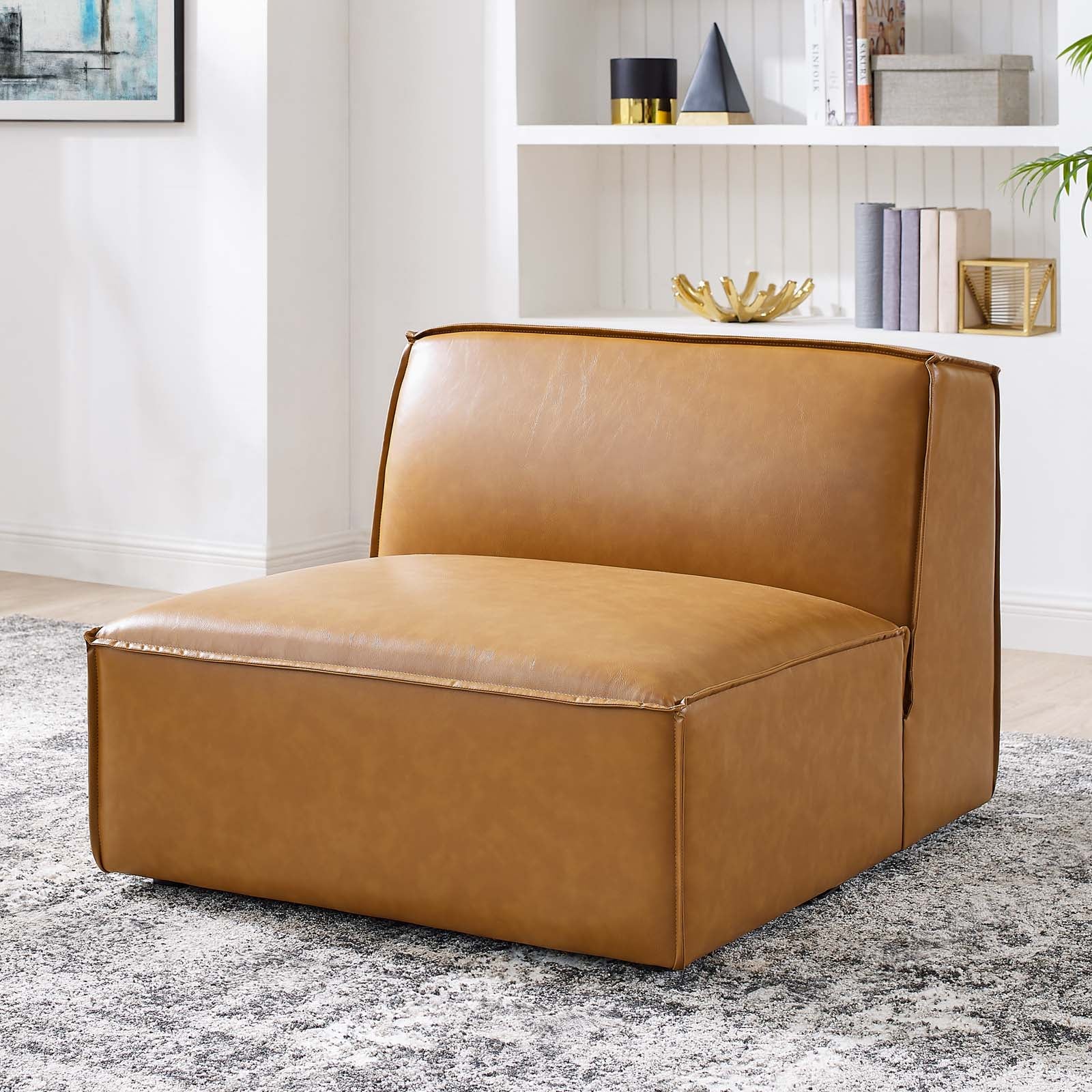 Modway Accent Chairs - Restore Vegan Leather Sectional Sofa Armless Chair Tan